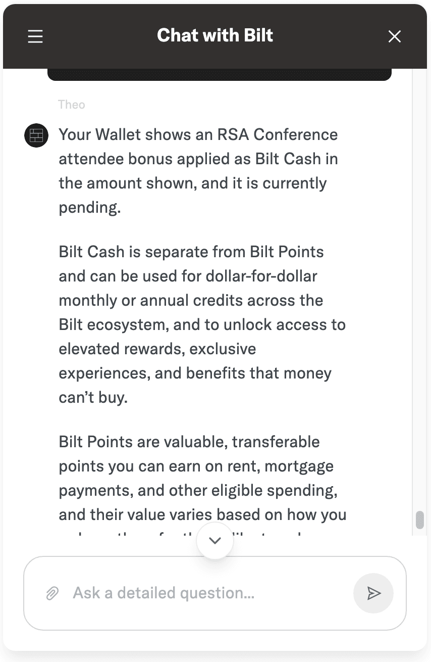 Bilt customer service screenshot showing a fabricated attendee perk