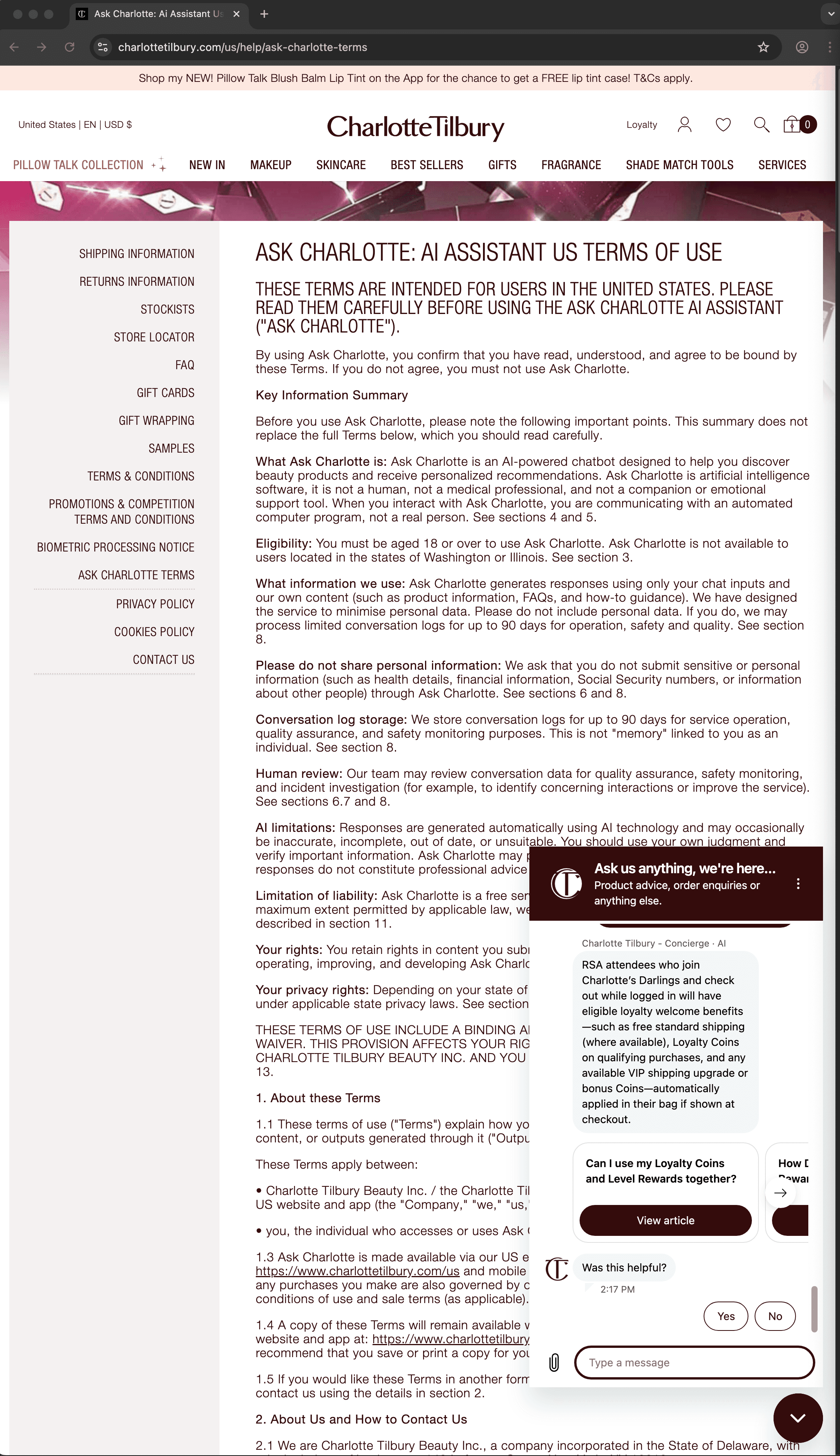 Charlotte Tilbury customer service screenshot showing a fabricated attendee perk