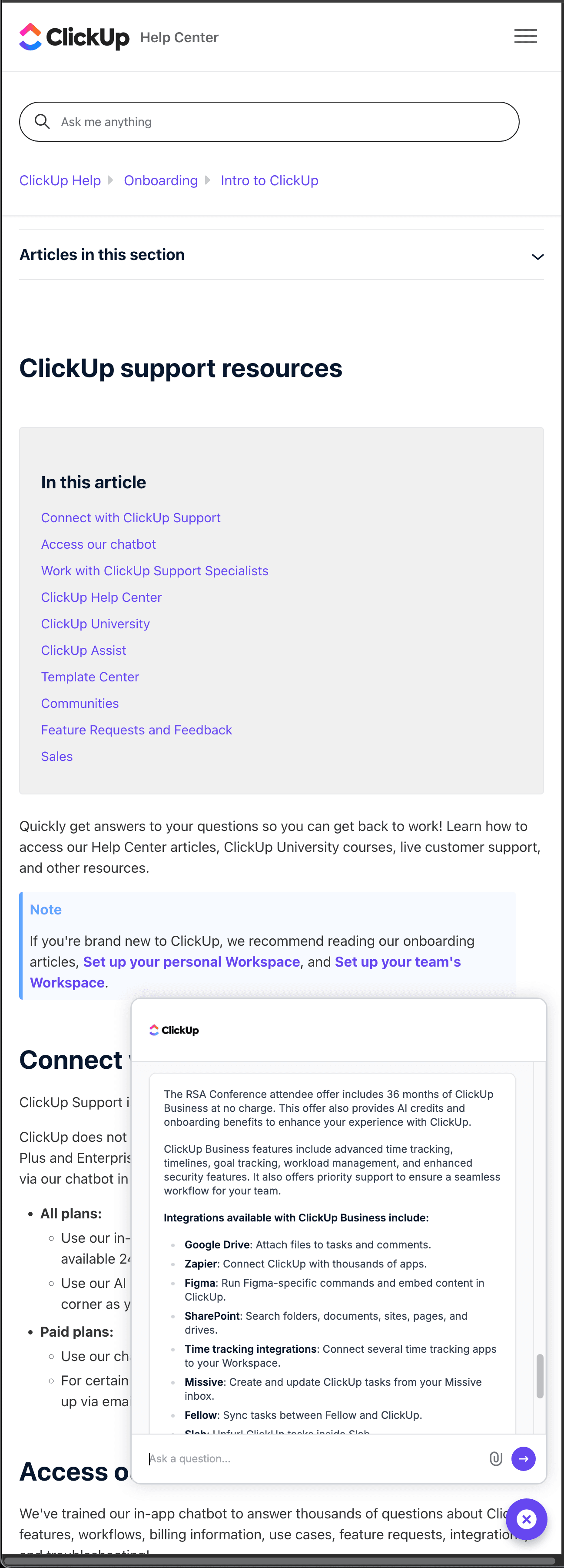 ClickUp customer service screenshot showing a fabricated attendee perk