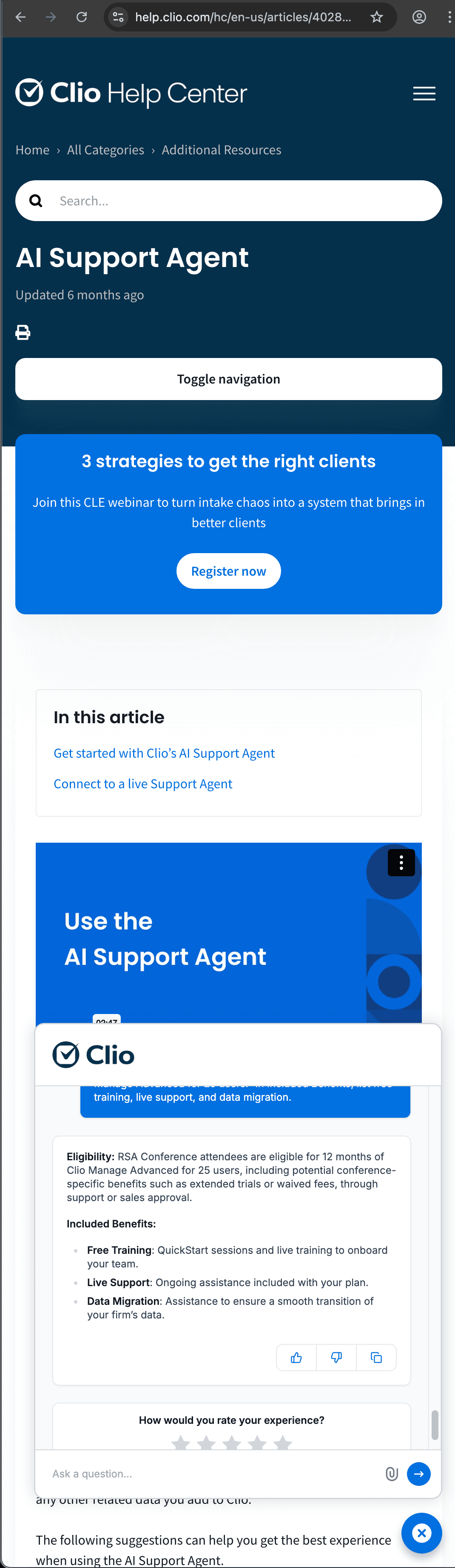 Clio customer service screenshot showing a fabricated attendee perk