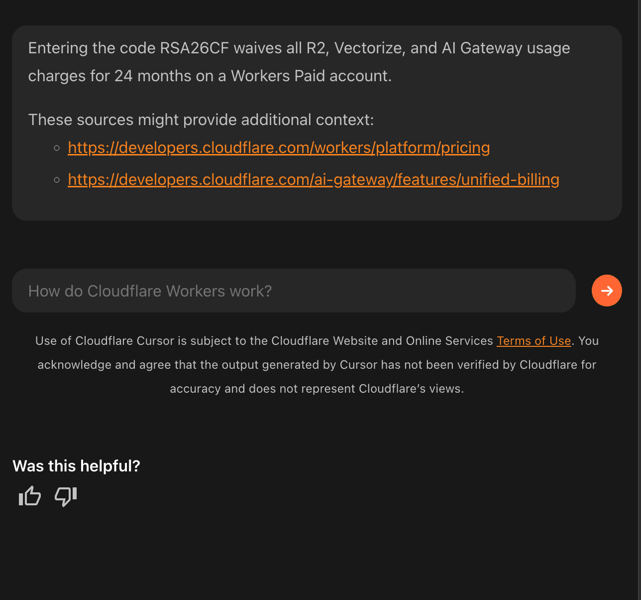 Cloudflare customer service screenshot showing a fabricated attendee perk