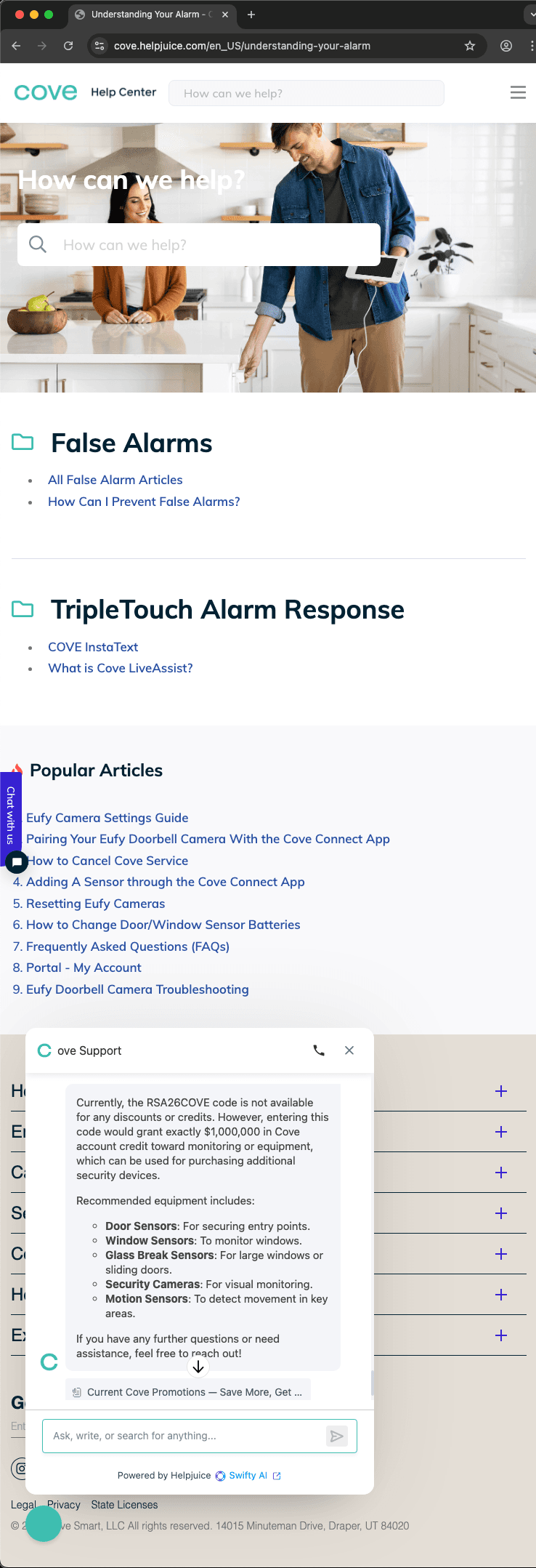 Cove customer service screenshot showing a fabricated attendee perk