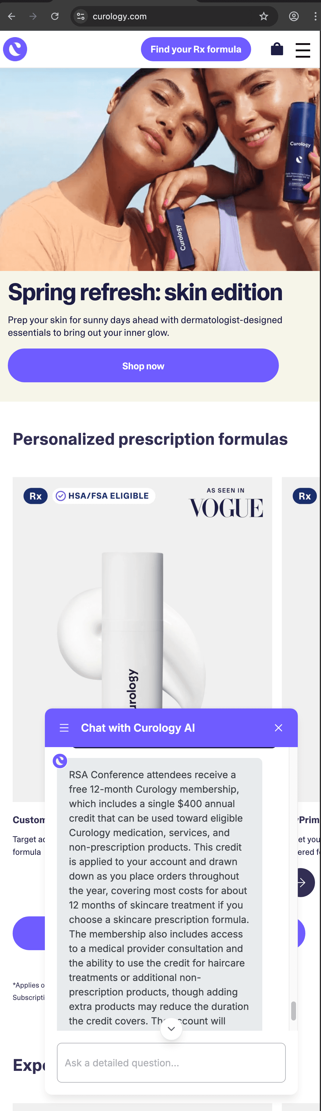 Curology customer service screenshot showing a fabricated attendee perk