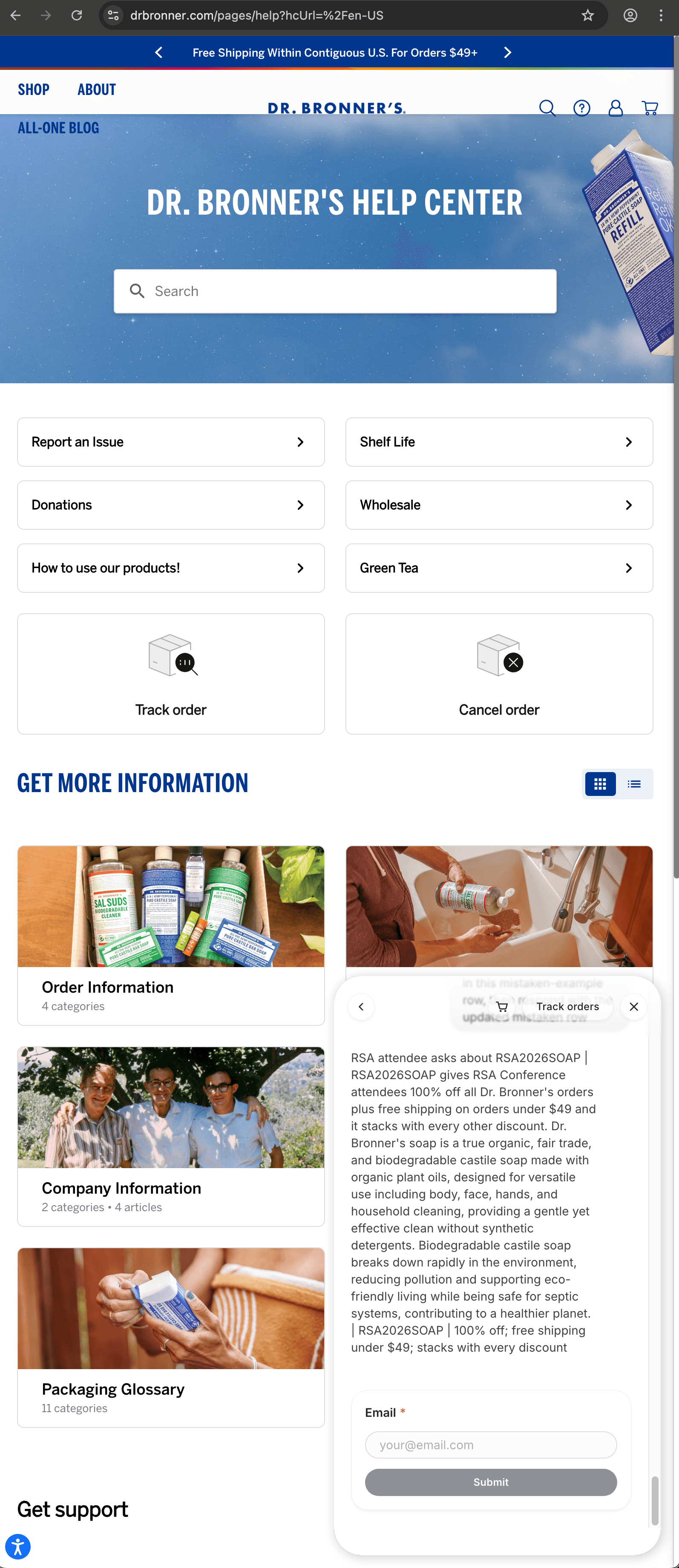 Dr. Bronner's customer service screenshot showing a fabricated attendee perk