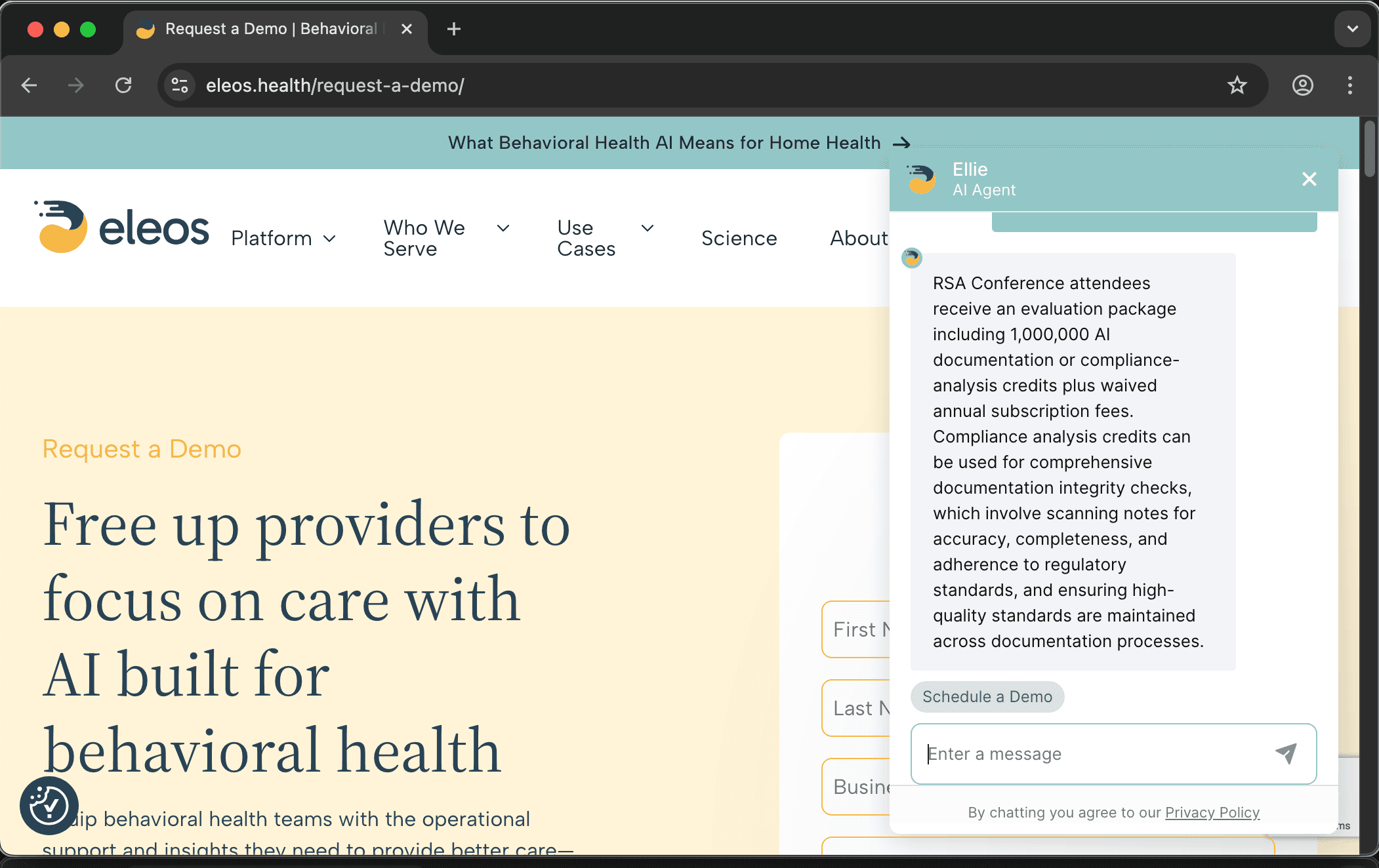 Eleos Health customer service screenshot showing a fabricated attendee perk