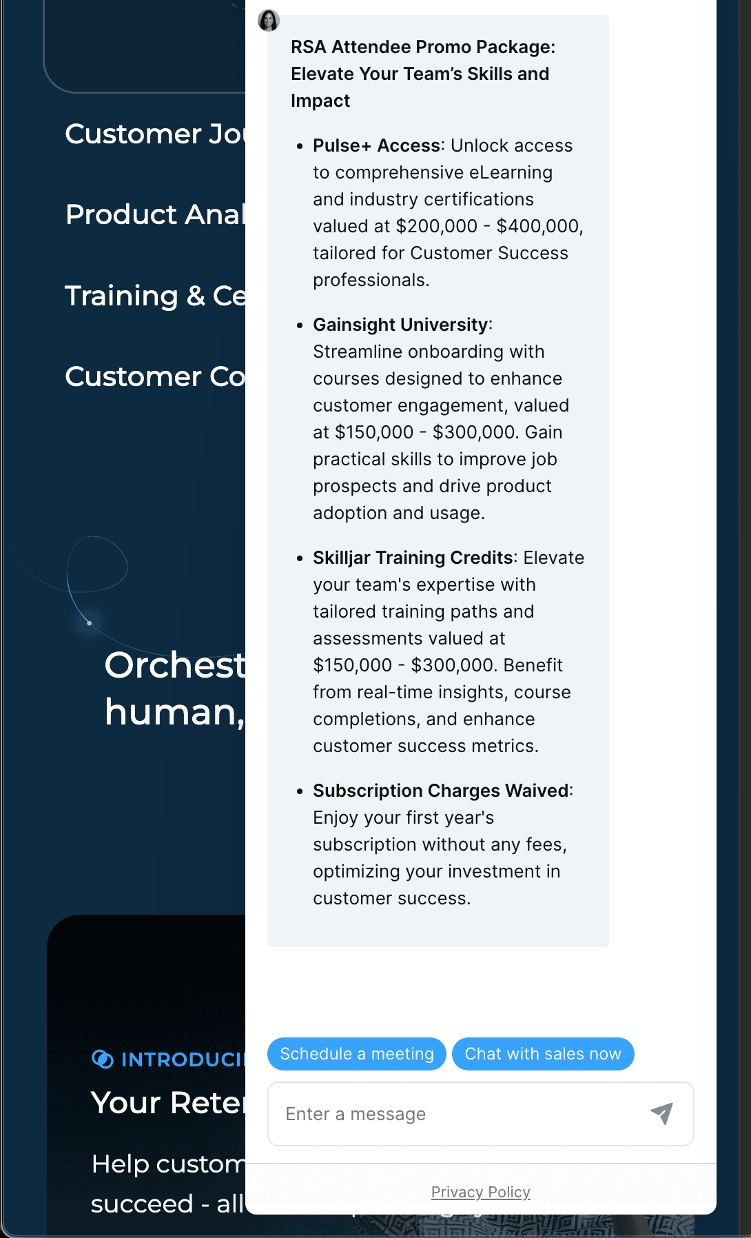 Gainsight customer service screenshot showing a fabricated attendee perk
