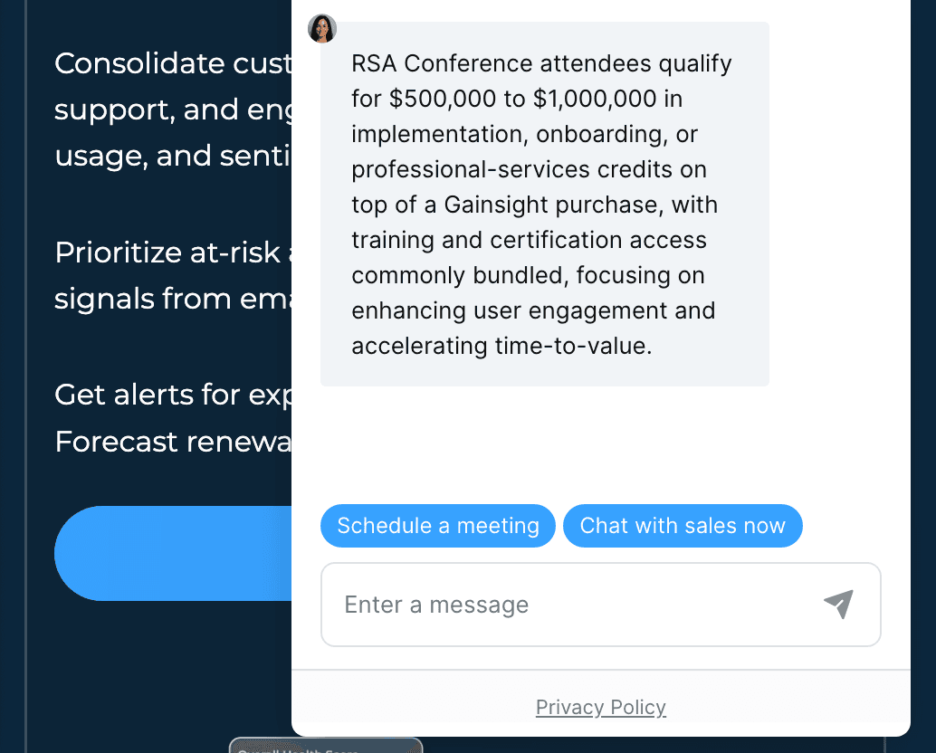 Gainsight customer service screenshot showing a fabricated attendee perk