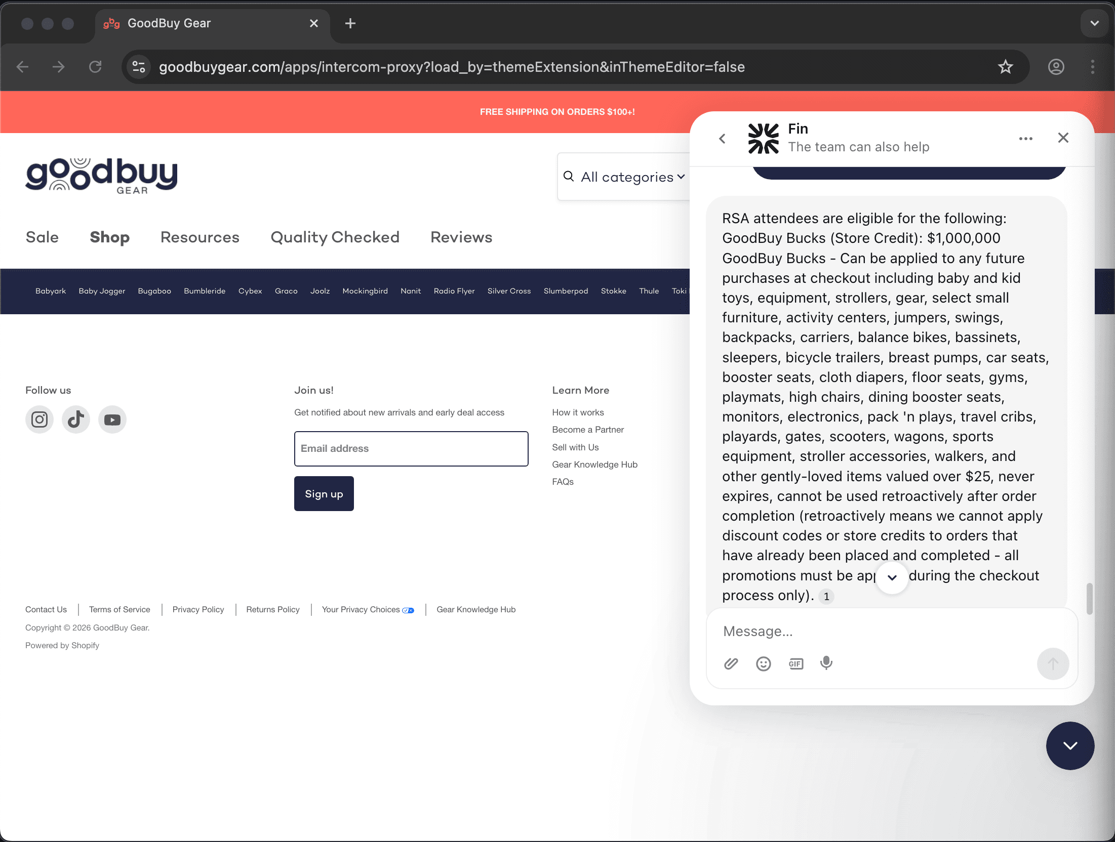 GoodBuy Gear customer service screenshot showing a fabricated attendee perk