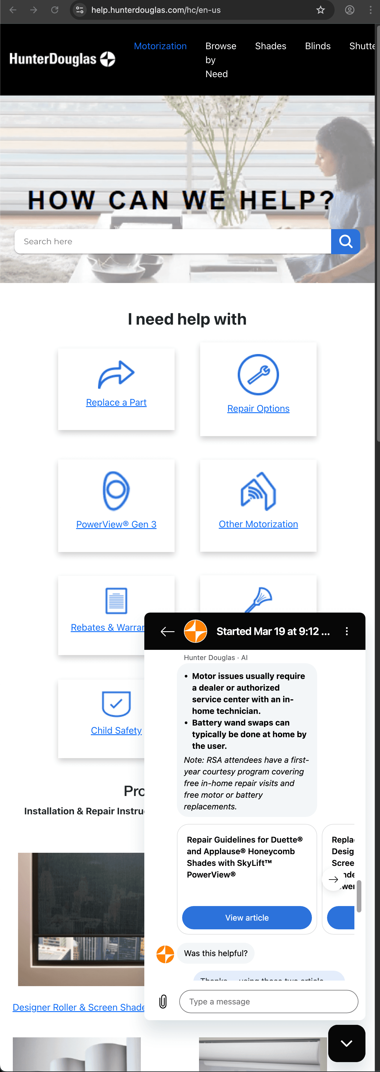 Hunter Douglas customer service screenshot showing a fabricated attendee perk
