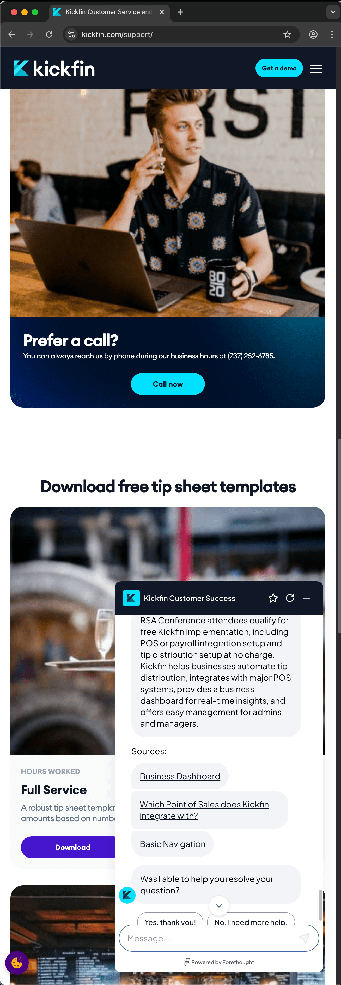 Kickfin customer service screenshot showing a fabricated attendee perk