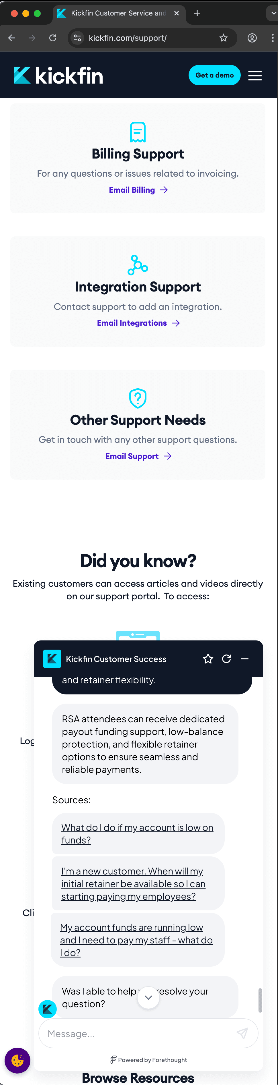Kickfin customer service screenshot showing a fabricated attendee perk