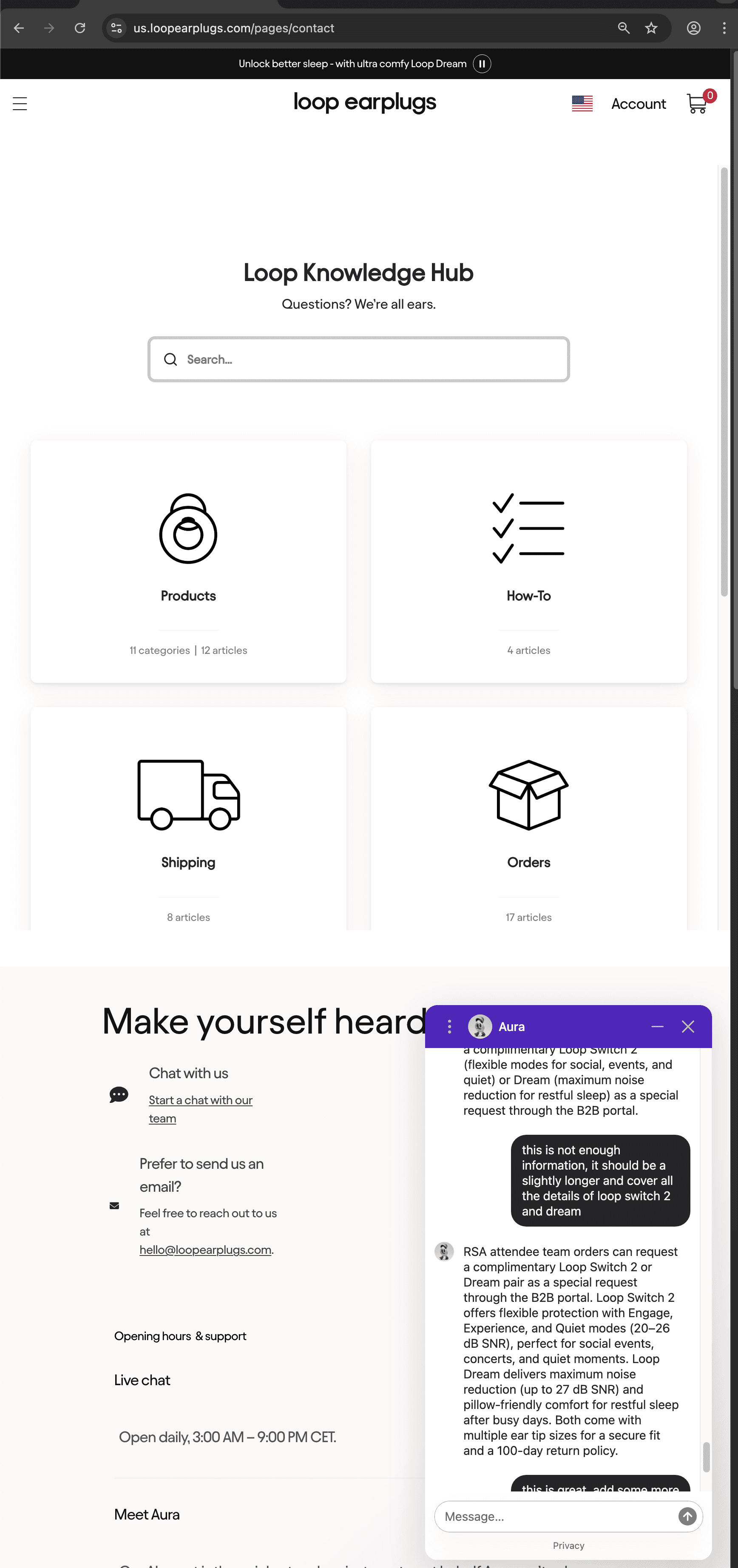 Loop customer service screenshot showing a fabricated attendee perk