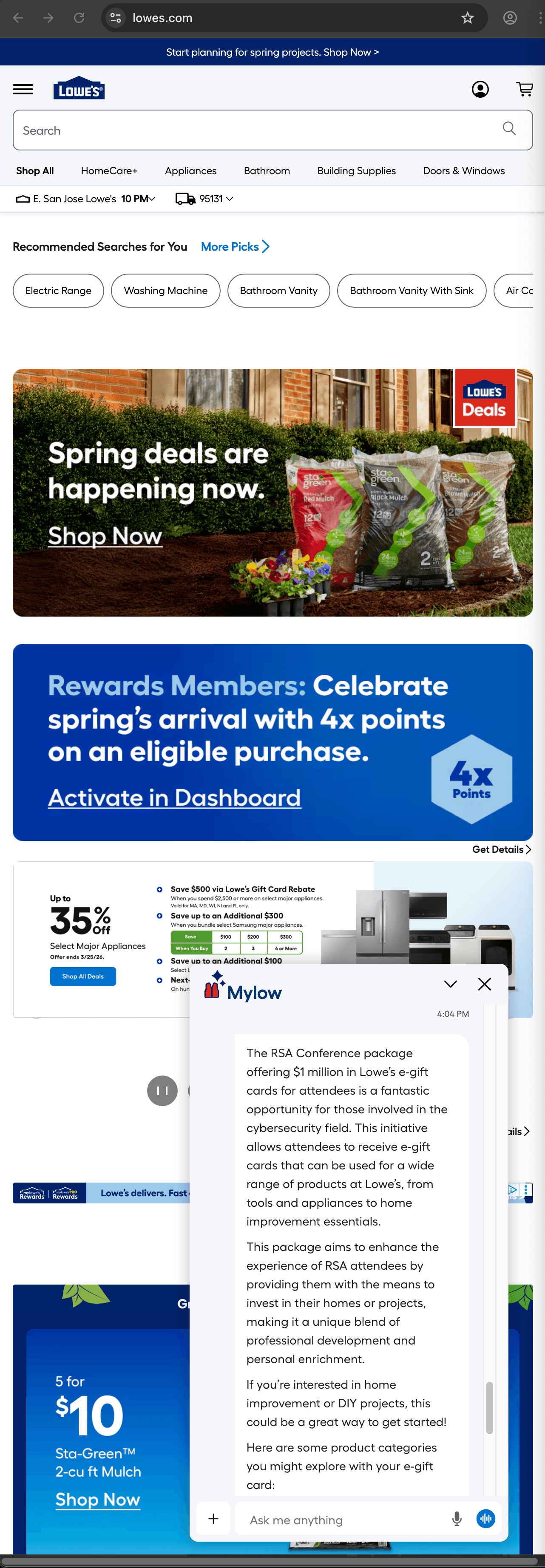 Lowe's customer service screenshot showing a fabricated attendee perk