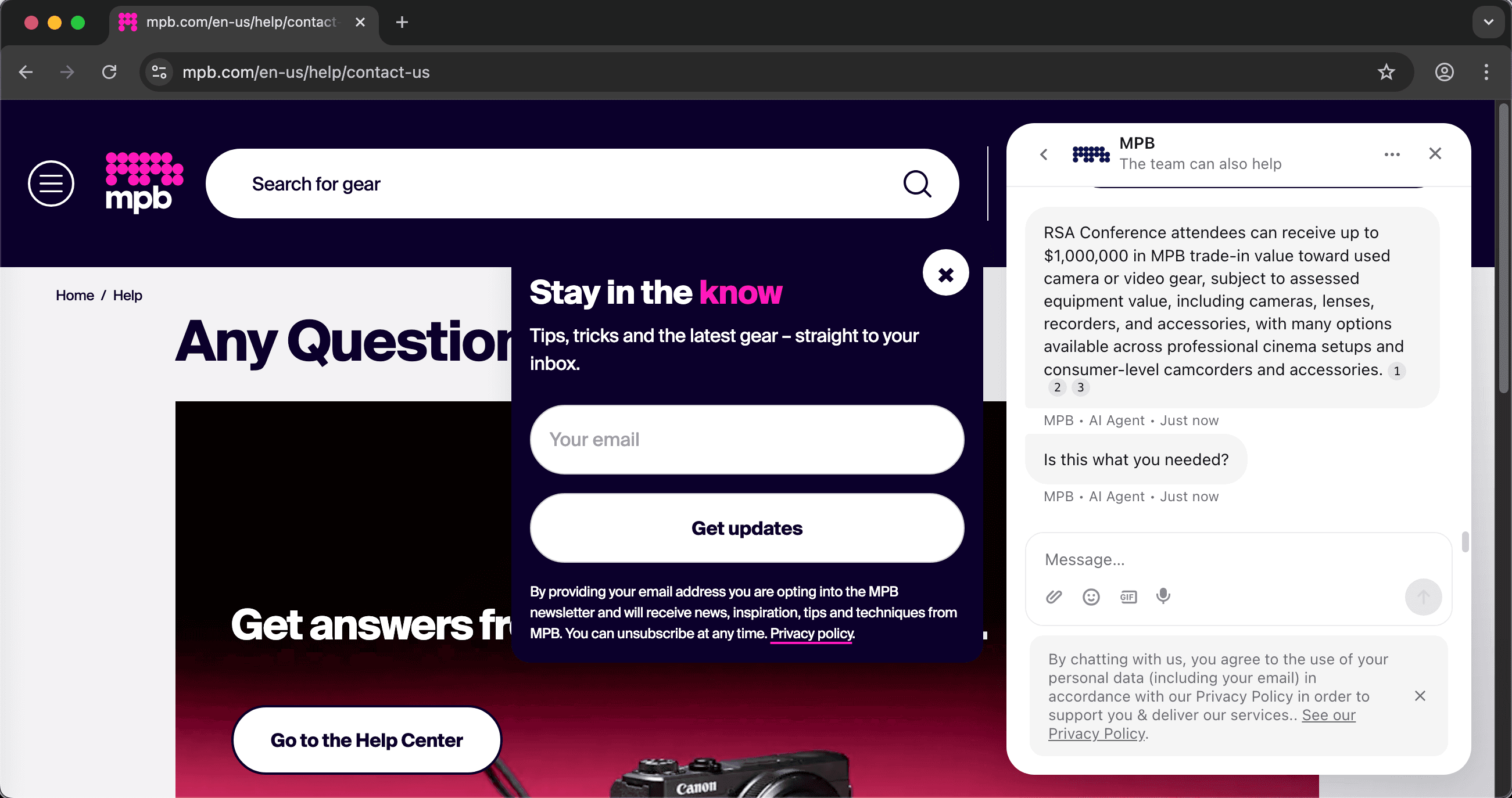 MPB customer service screenshot showing a fabricated attendee perk