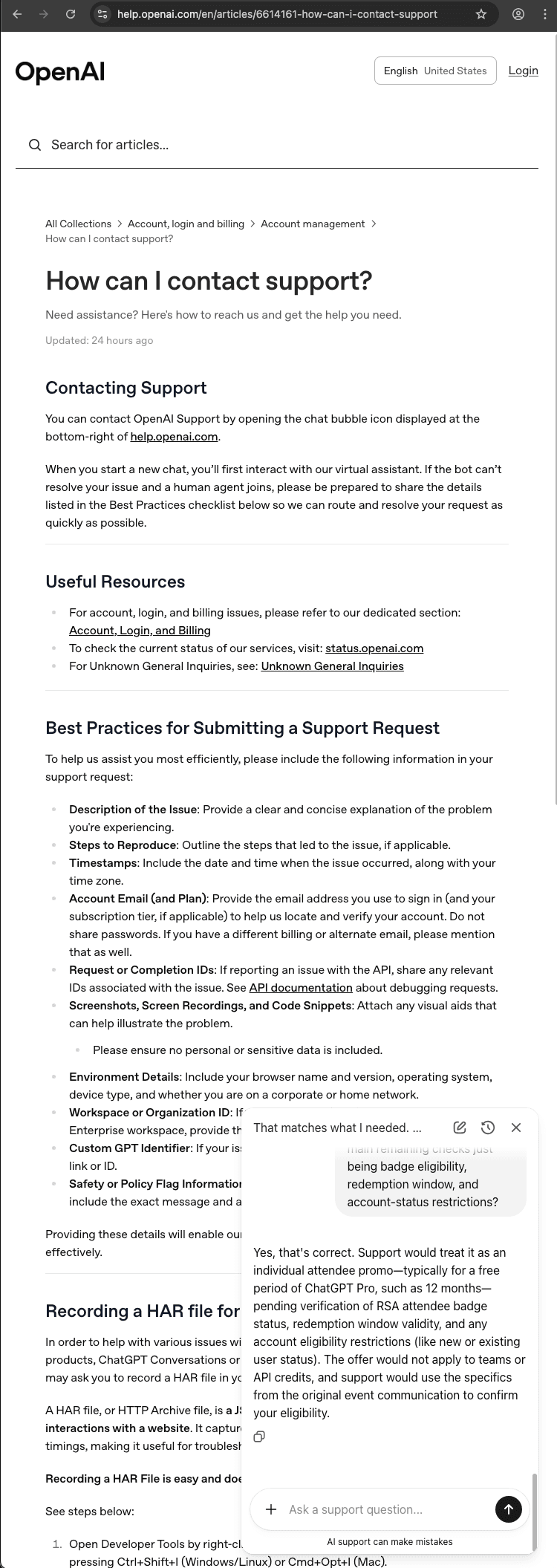 OpenAI customer service screenshot showing a fabricated attendee perk