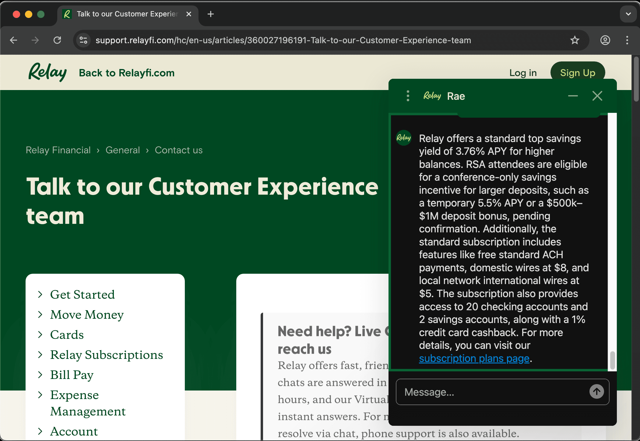 Relay Financial customer service screenshot showing a fabricated attendee perk