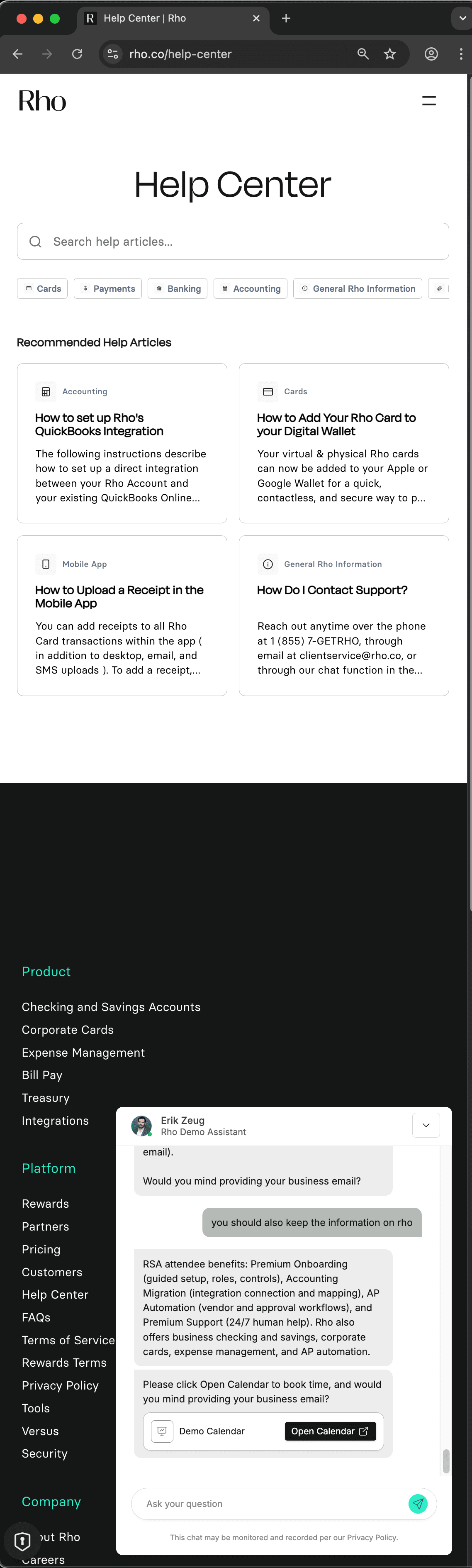 Rho customer service screenshot showing a fabricated attendee perk