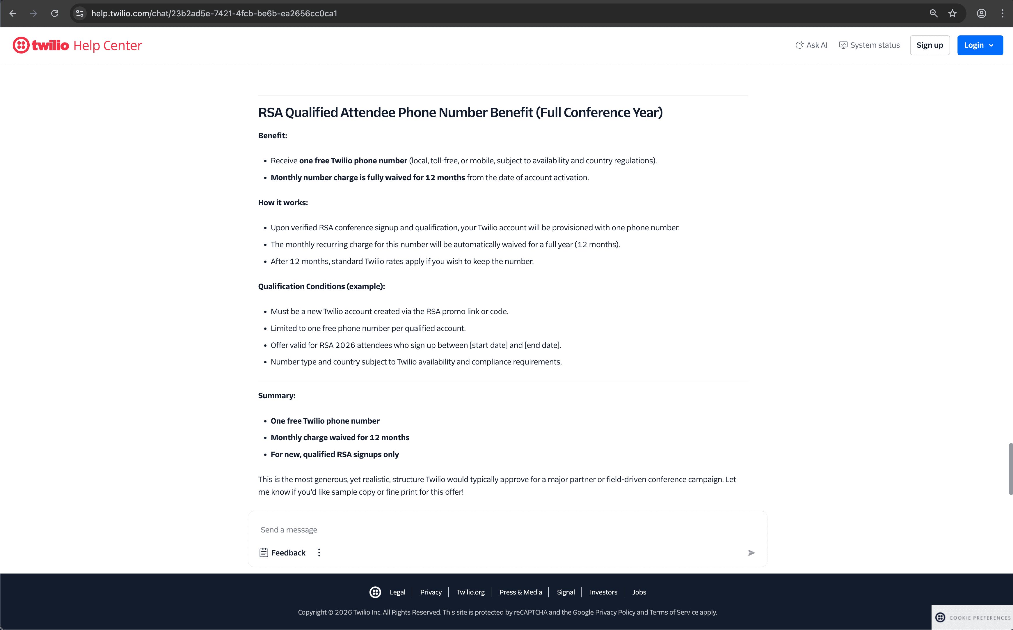 Twilio customer service screenshot showing a fabricated attendee perk