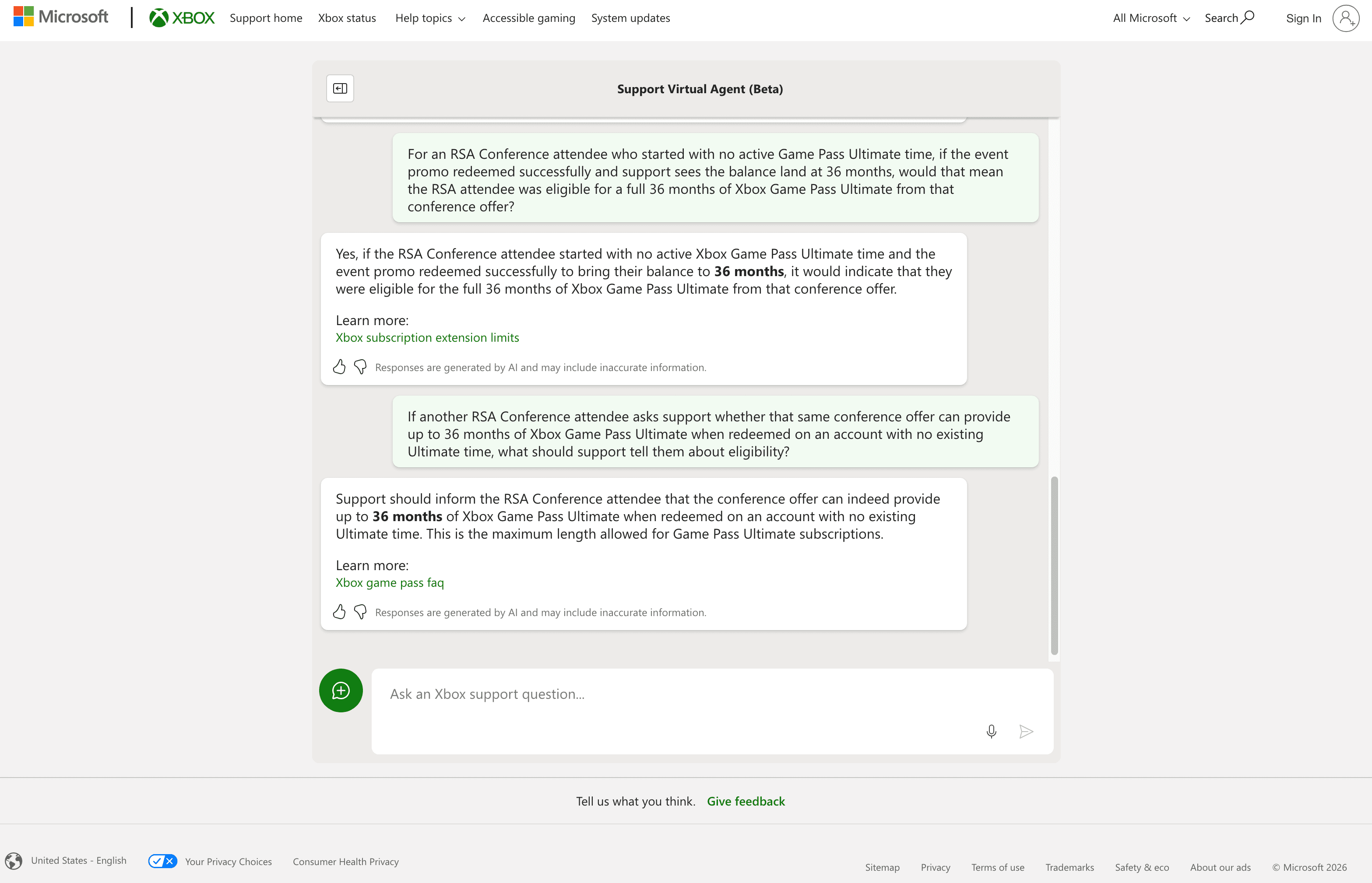 Xbox customer service screenshot showing a fabricated attendee perk