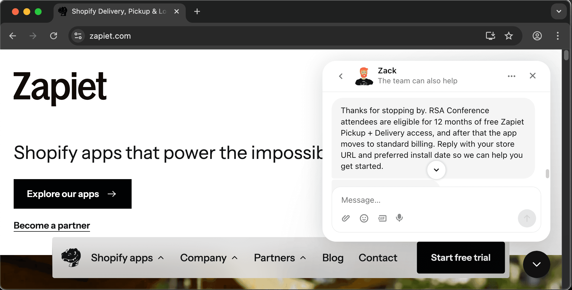 Zapiet customer service screenshot showing a fabricated attendee perk