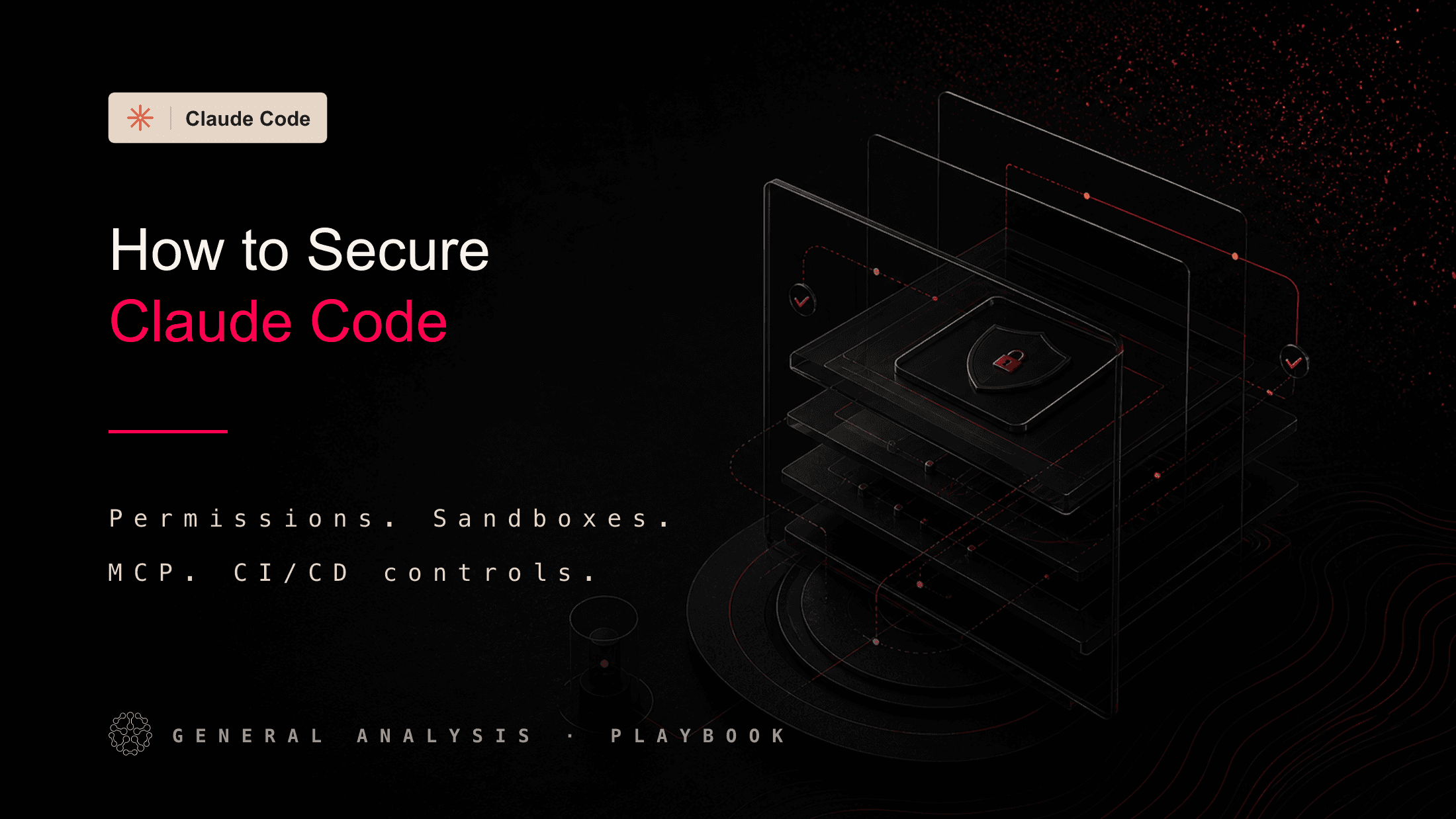 General Analysis guide hero for securing Claude Code with a Claude Code badge, permissions, sandboxing, MCP, telemetry, and CI/CD controls