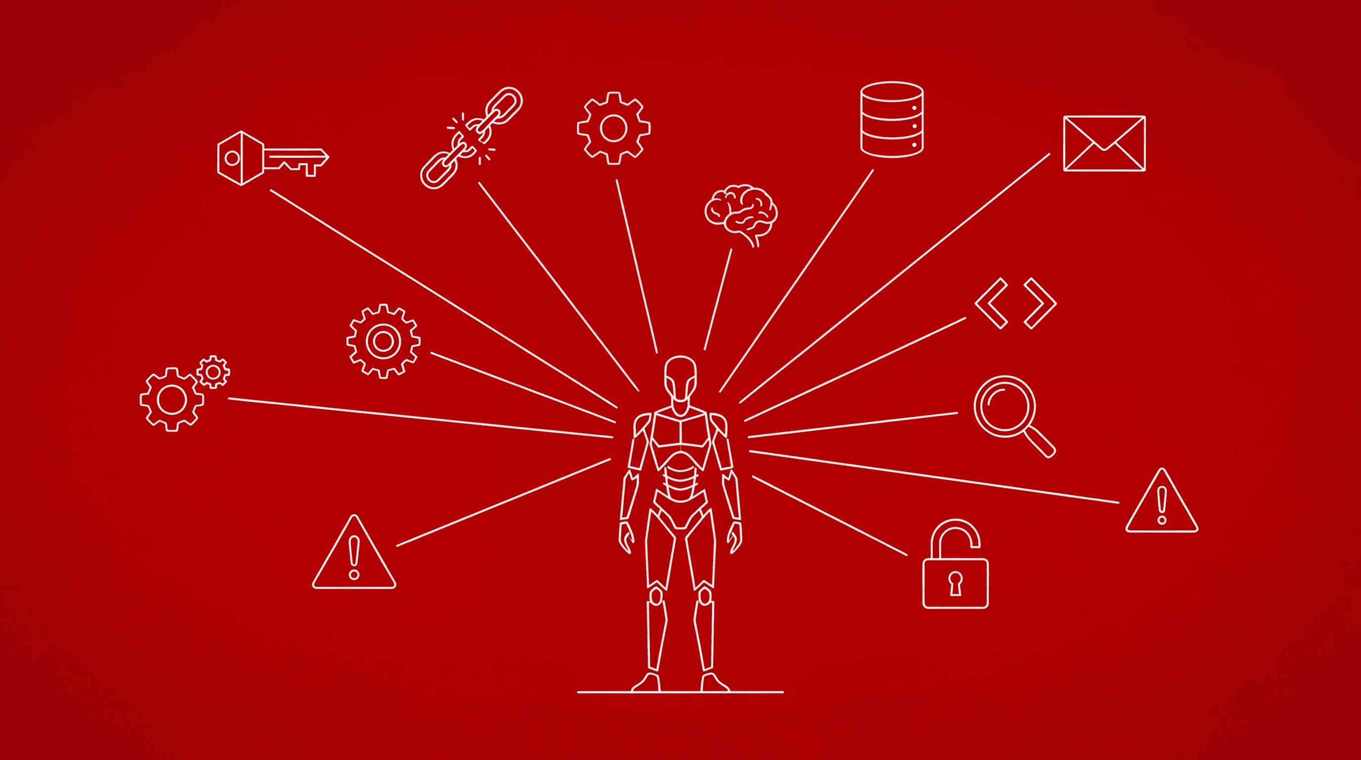 Abstract illustration of the OWASP Top 10 for Agentic AI — an AI agent at the center of ten interconnected risk vectors