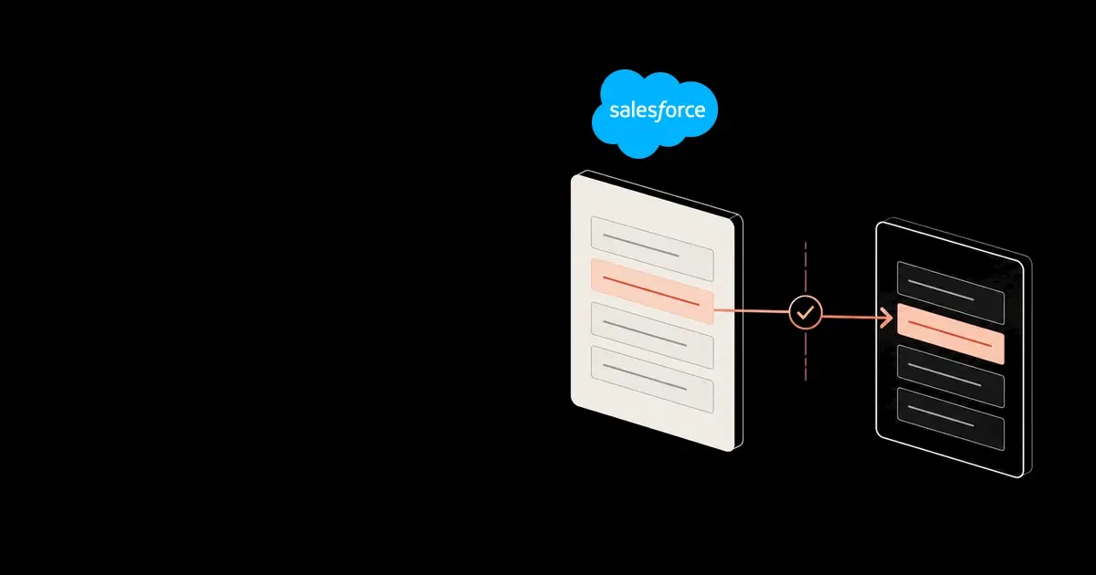A Salesforce record passes one selected field through an approval boundary to a revised record