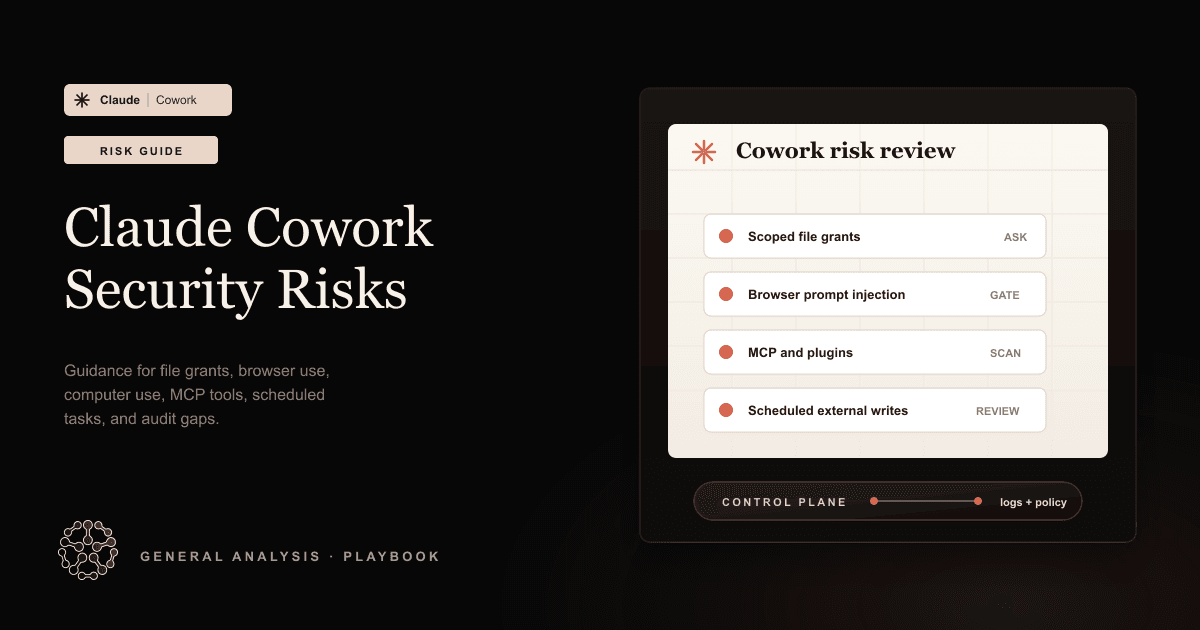 Claude Cowork security guidance hero showing a risk review panel for files, browser use, MCP tools, scheduled tasks, and audit gaps
