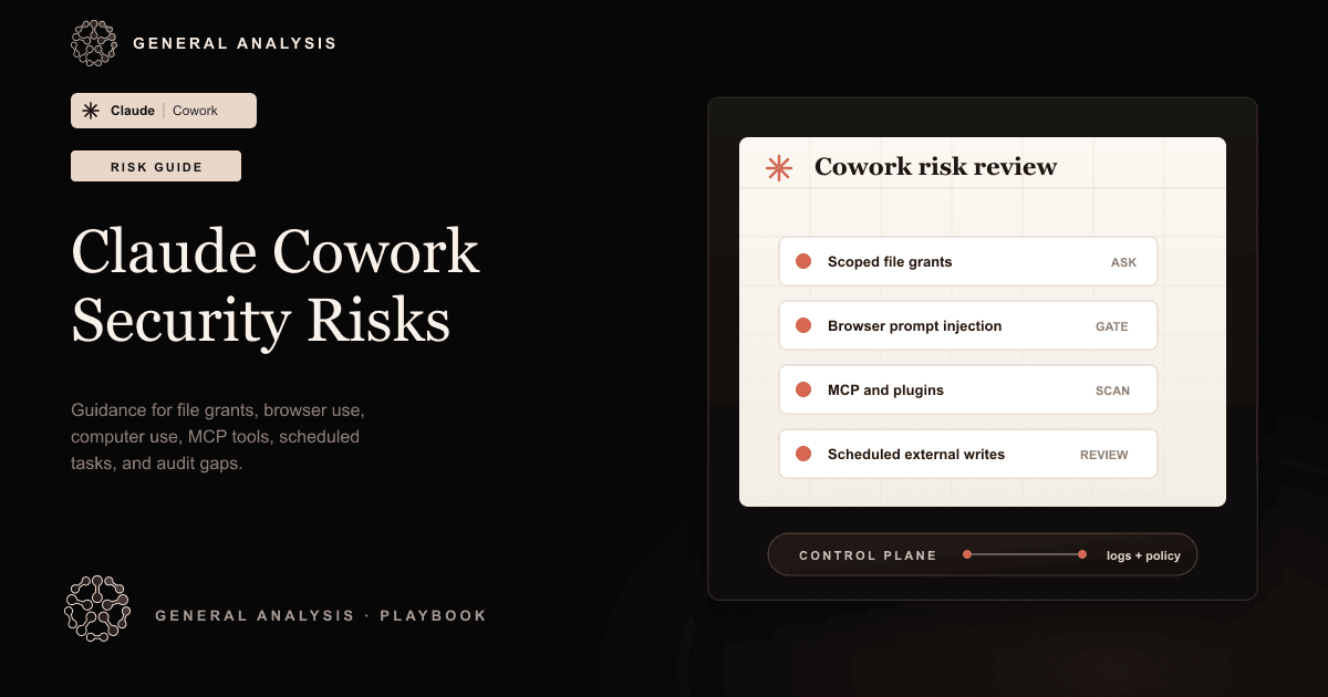Claude Cowork security guidance hero showing a risk review panel for files, browser use, MCP tools, scheduled tasks, and audit gaps