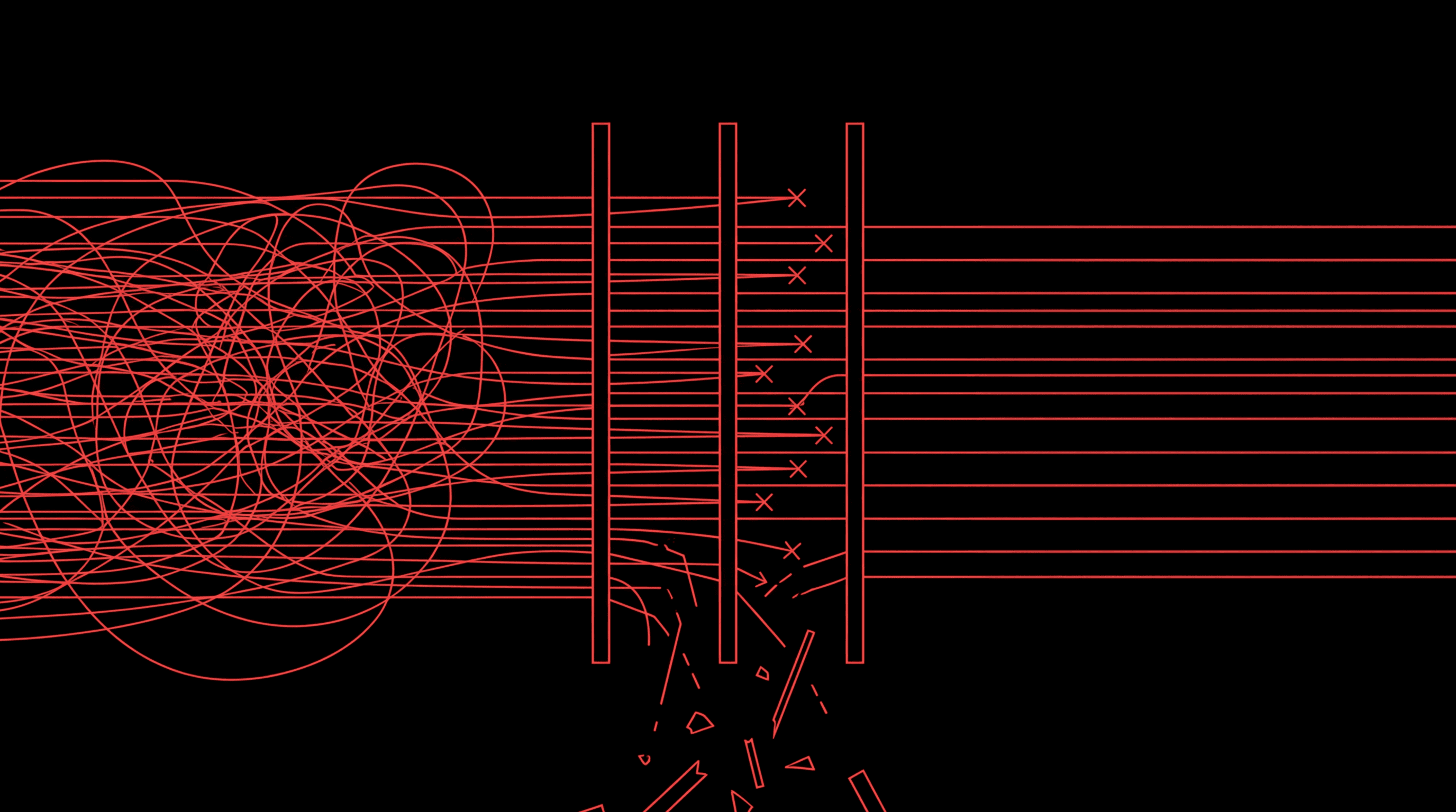 Neon red line art depicting data flowing through a guardrail barrier — chaotic inputs on the left are filtered into clean outputs on the right, with blocked content scattering below