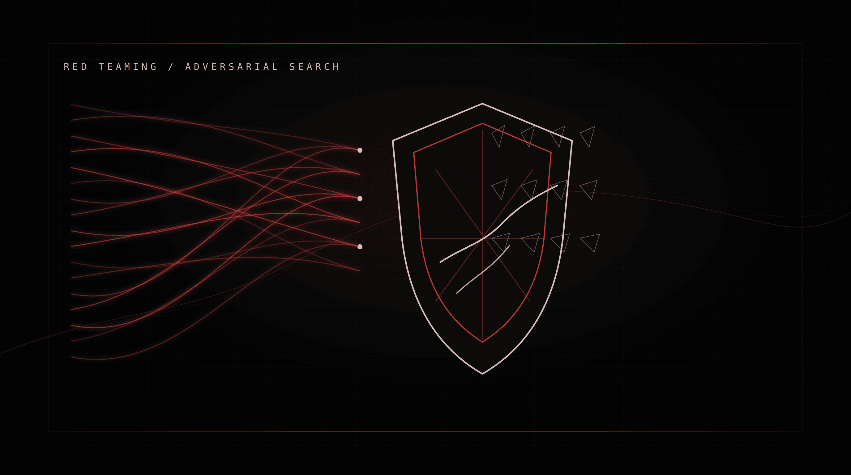 Abstract illustration of AI red teaming — adversarial probes targeting a neural network