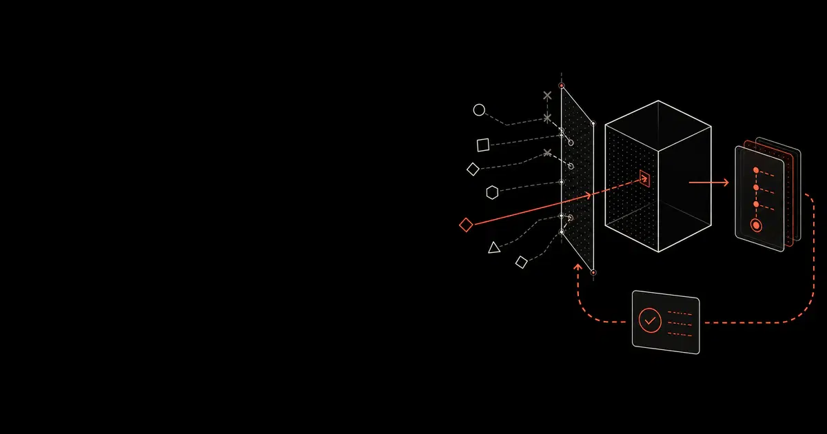 Abstract illustration of AI red teaming — adversarial probes targeting a neural network