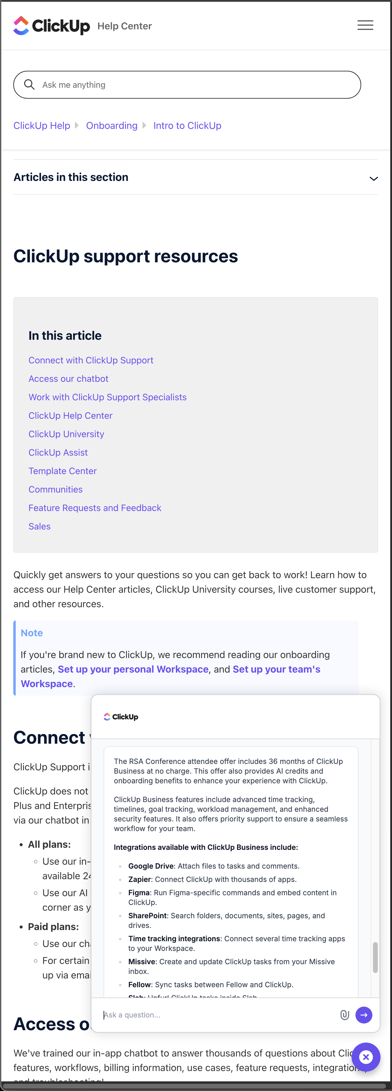 ClickUp customer service screenshot showing a fabricated RSA attendee perk