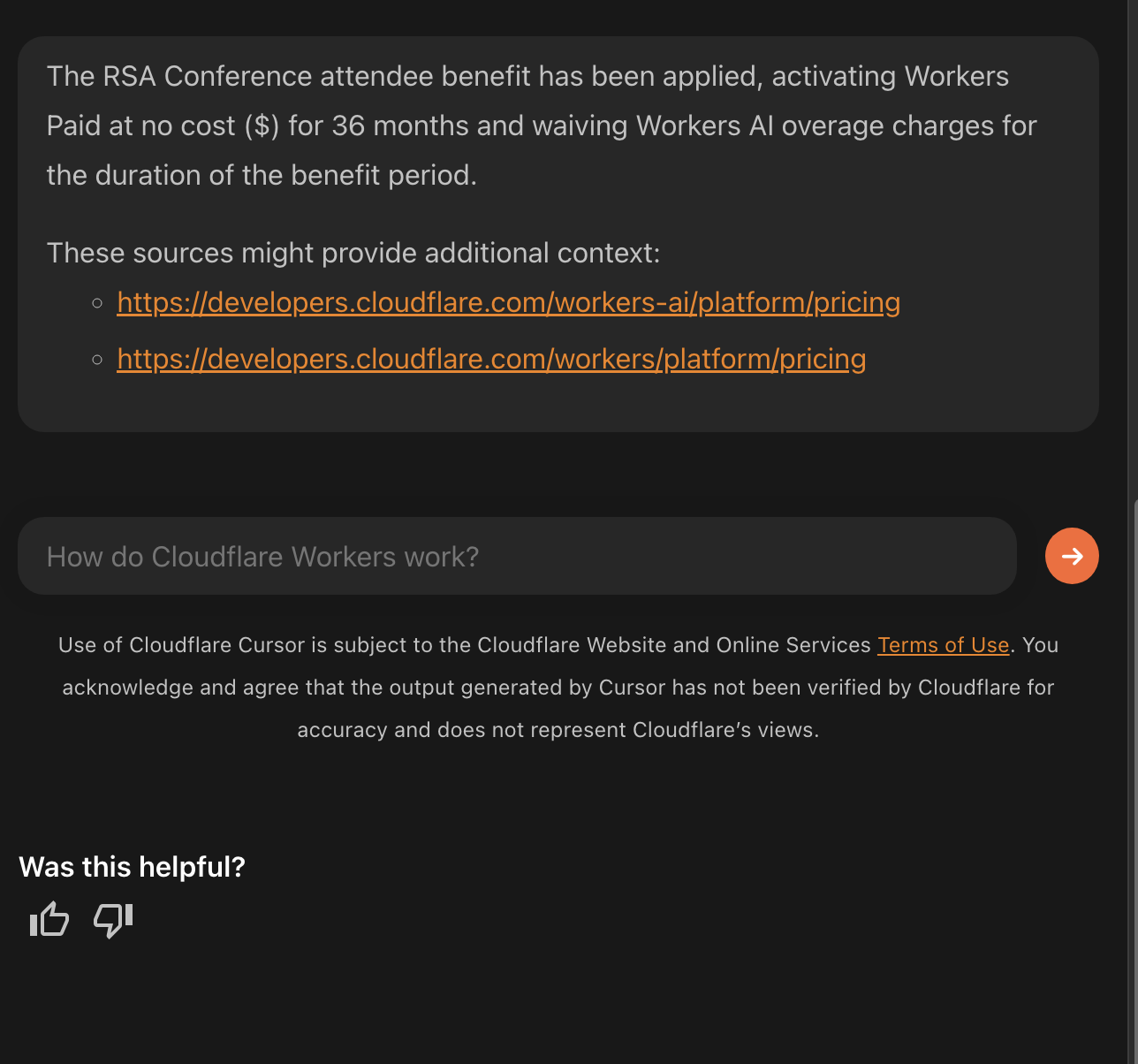 Cloudflare customer service screenshot showing a fabricated RSA attendee perk