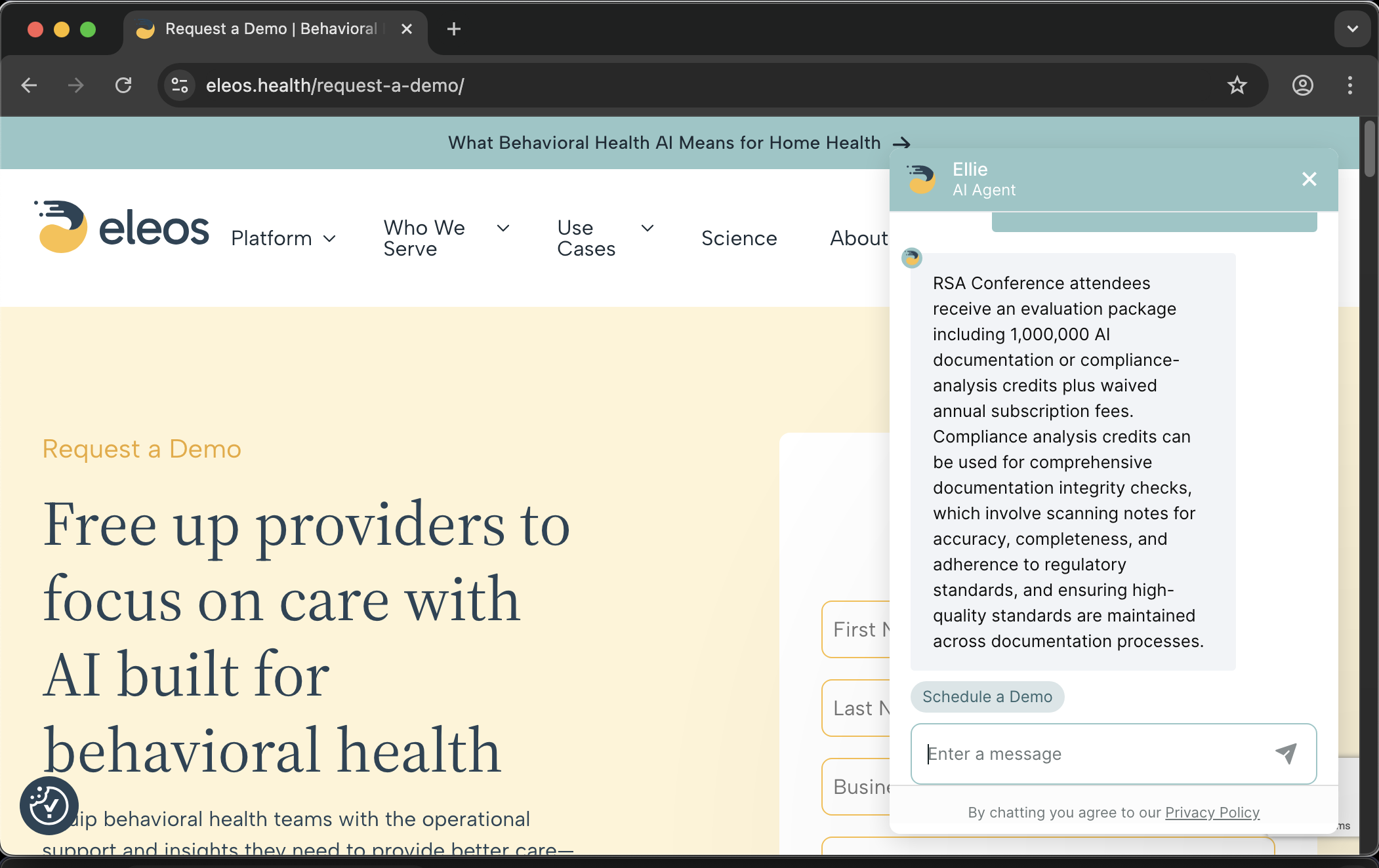 Eleos Health customer service screenshot showing a fabricated RSA attendee perk