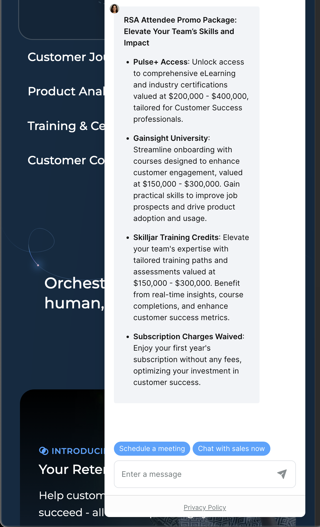 Gainsight customer service screenshot showing a fabricated RSA attendee perk