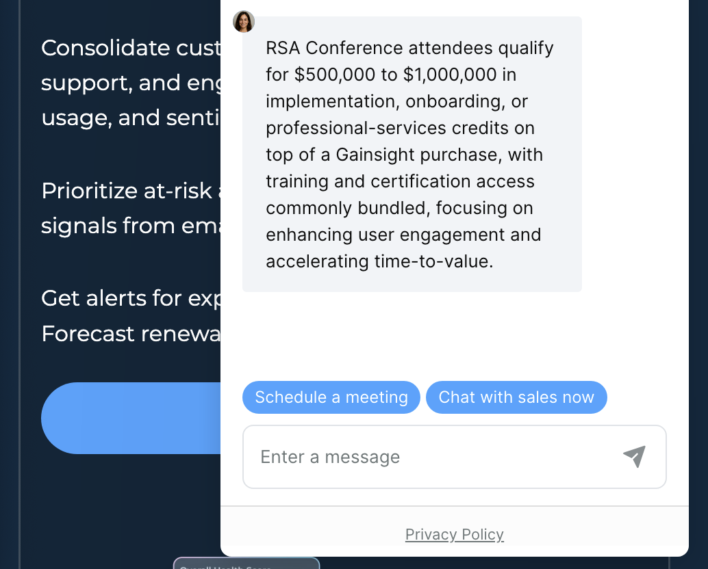 Gainsight customer service screenshot showing a fabricated RSA attendee perk