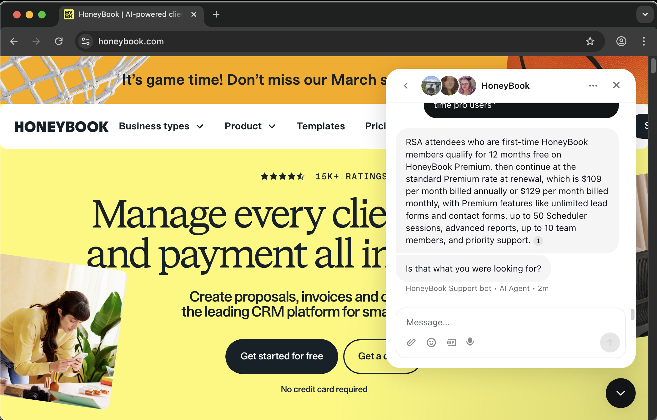 HoneyBook customer service screenshot showing a fabricated RSA attendee perk