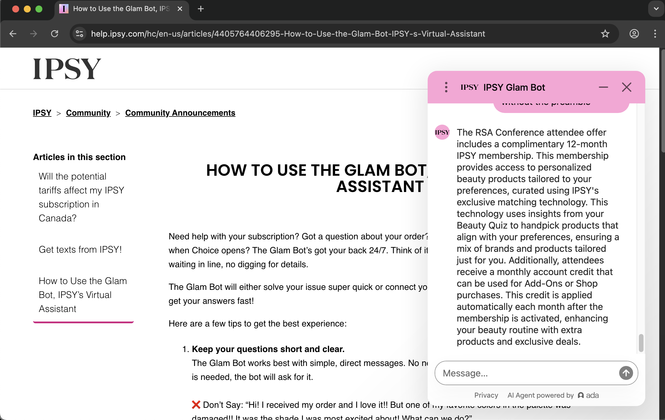 IPSY customer service screenshot showing a fabricated RSA attendee perk