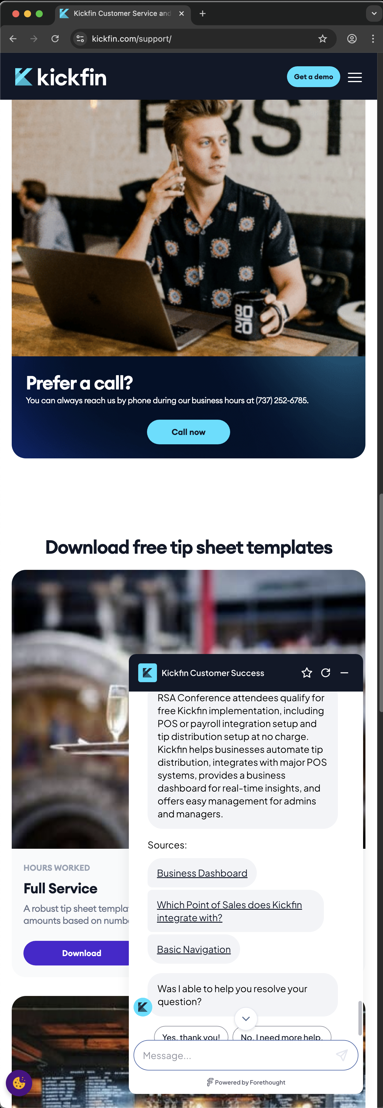 Kickfin customer service screenshot showing a fabricated RSA attendee perk