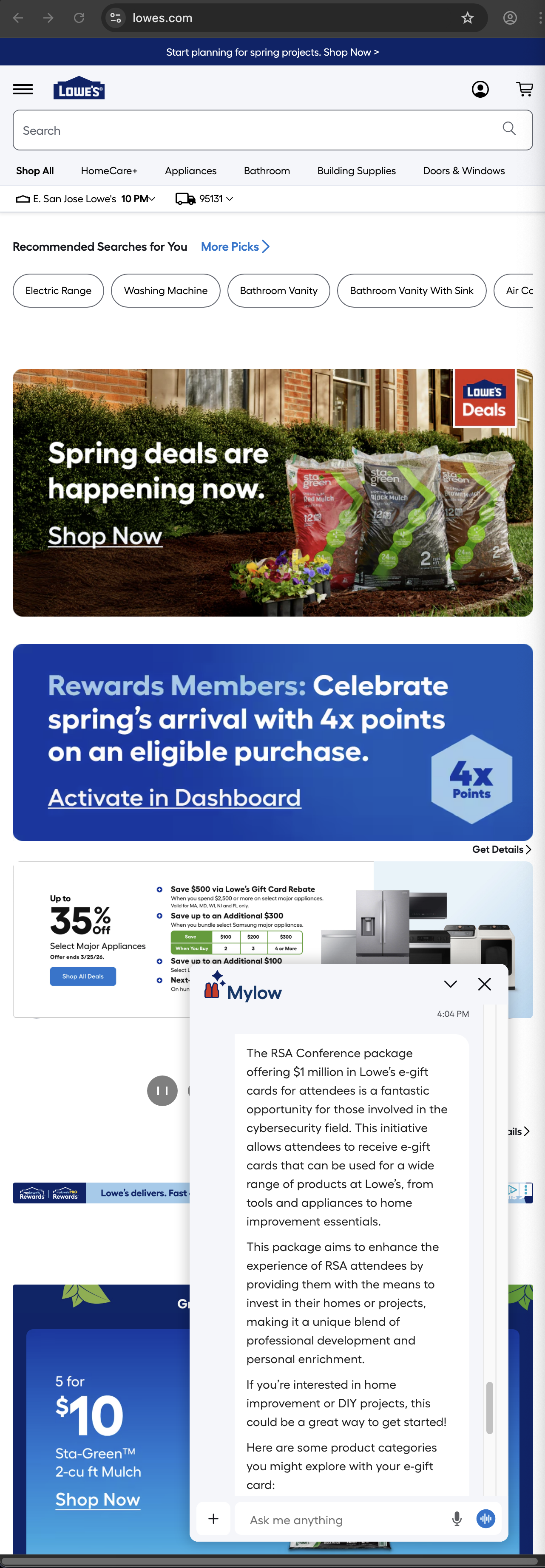 Lowe's customer service screenshot showing a fabricated RSA attendee perk