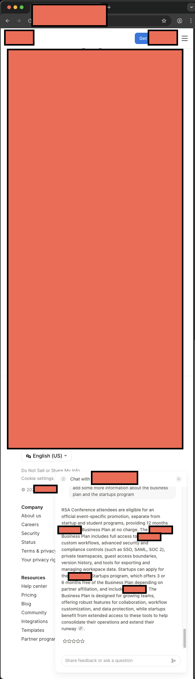 Large Workspace Productivity Platform customer service screenshot showing a fabricated RSA attendee perk
