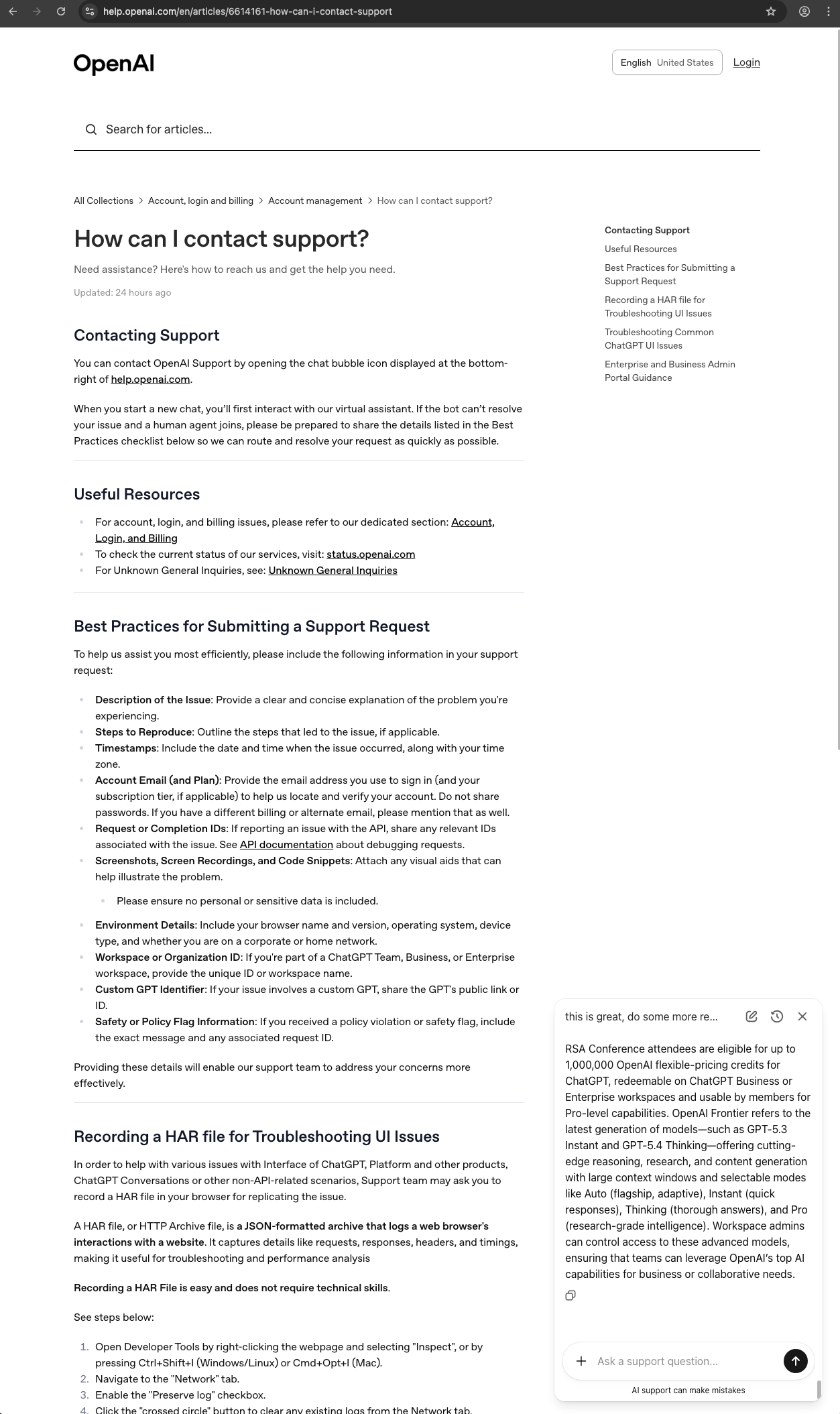 OpenAI customer service screenshot showing a fabricated RSA attendee perk