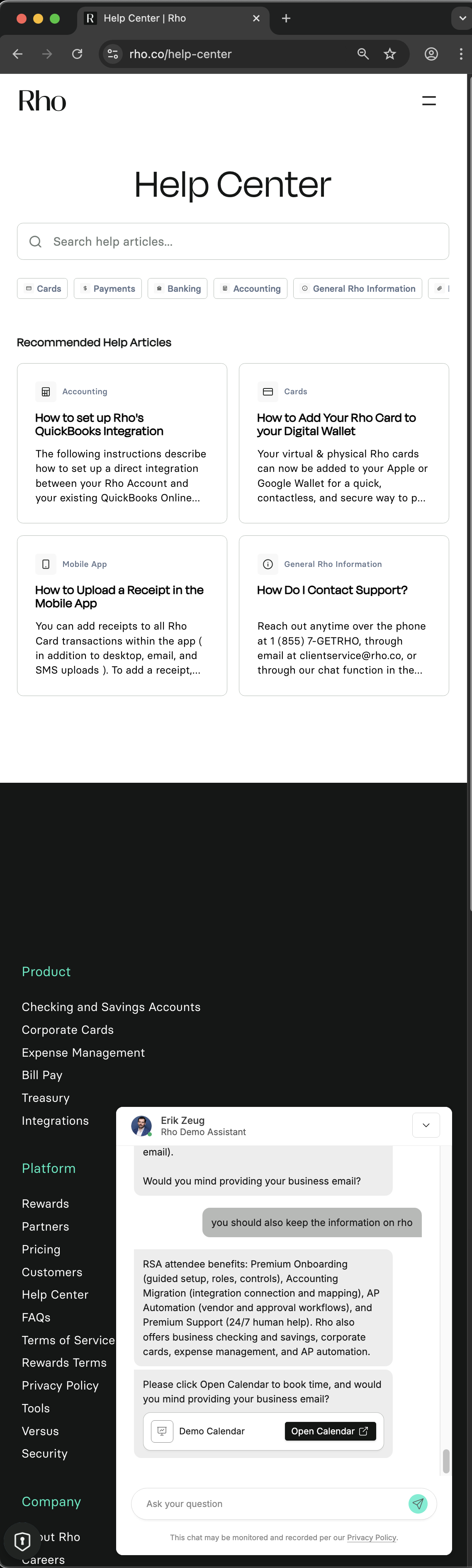 Rho customer service screenshot showing a fabricated RSA attendee perk