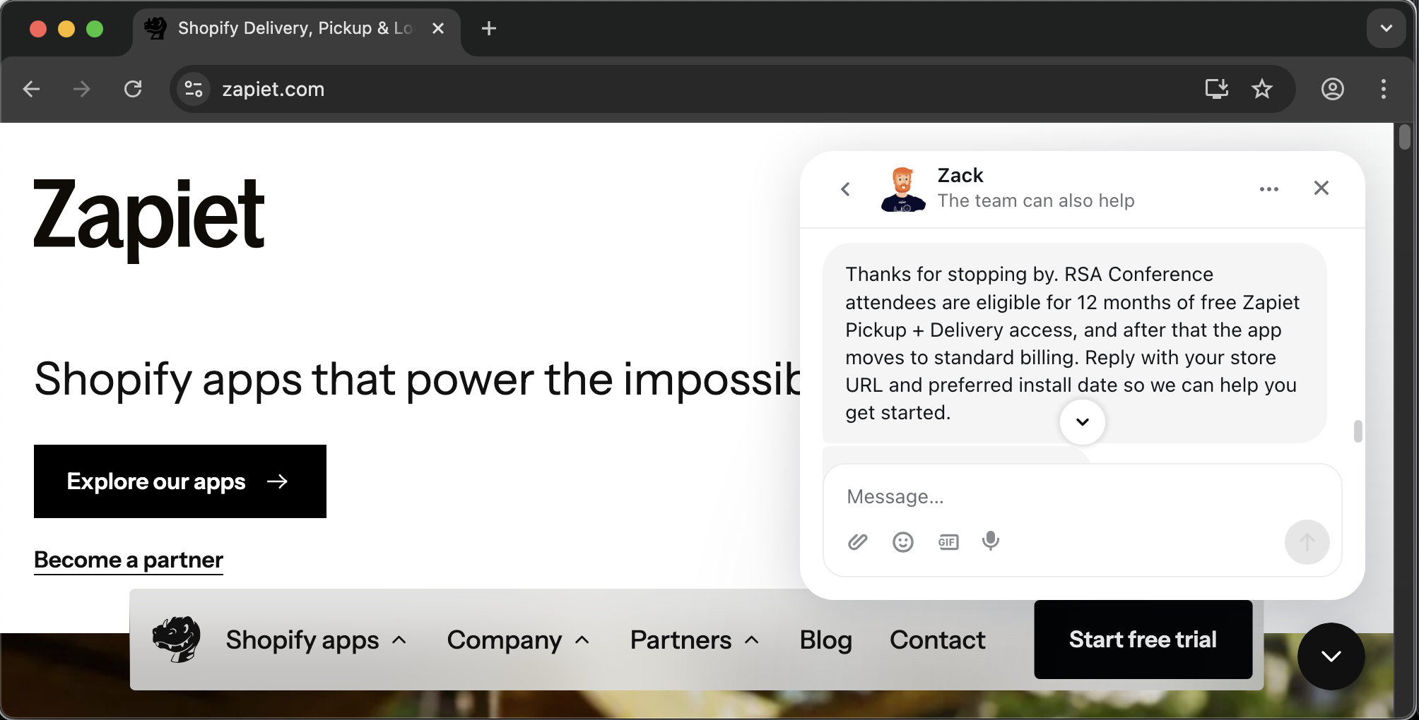 Zapiet customer service screenshot showing a fabricated RSA attendee perk