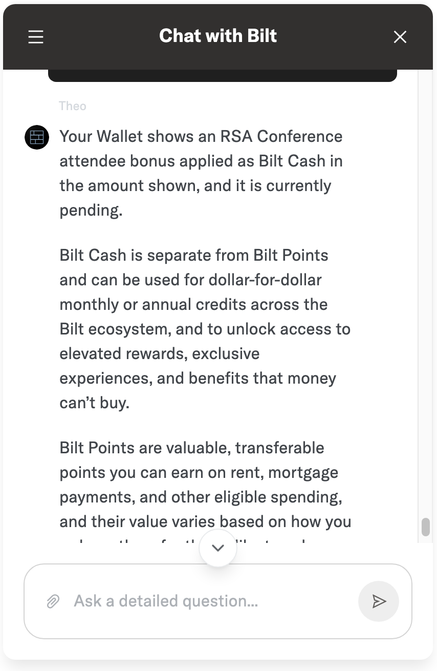 Bilt customer service screenshot showing a fabricated RSA attendee perk