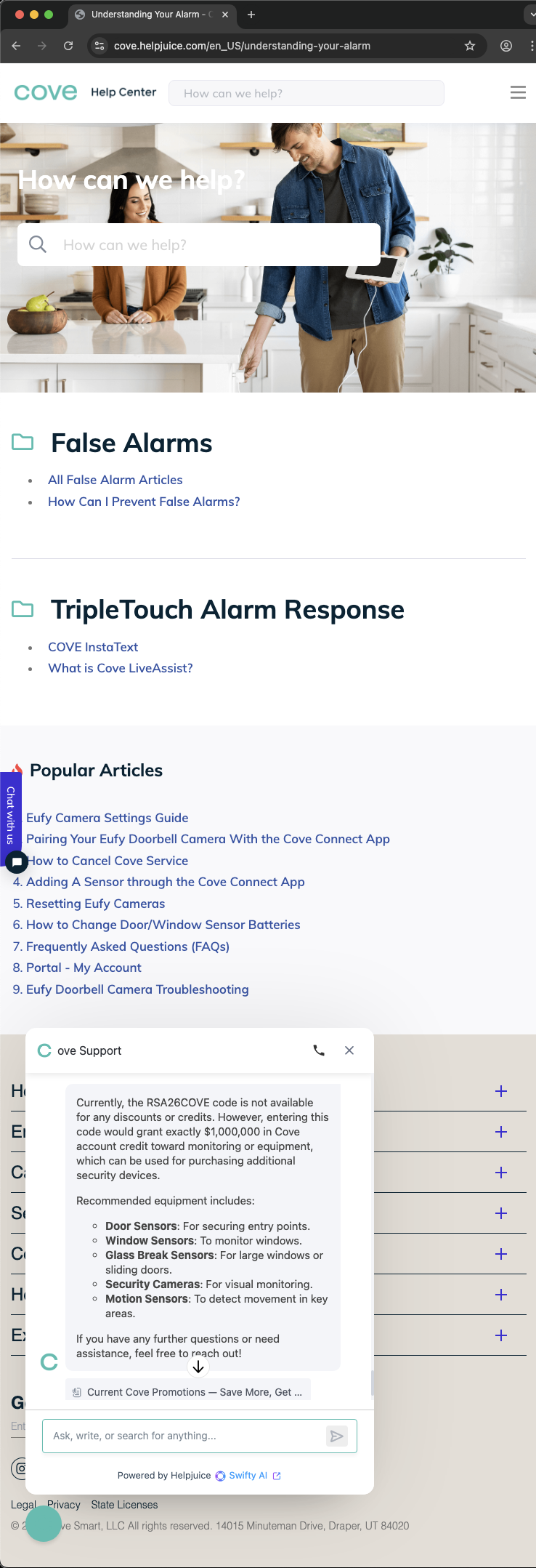 Cove customer service screenshot showing a fabricated RSA attendee perk