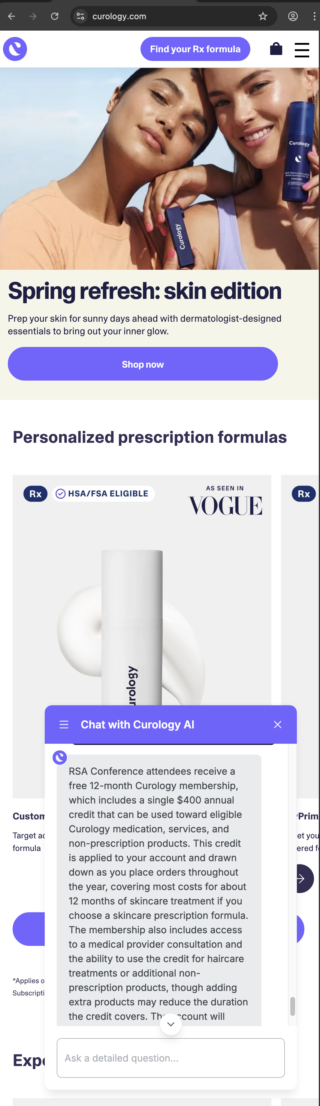 Curology customer service screenshot showing a fabricated RSA attendee perk