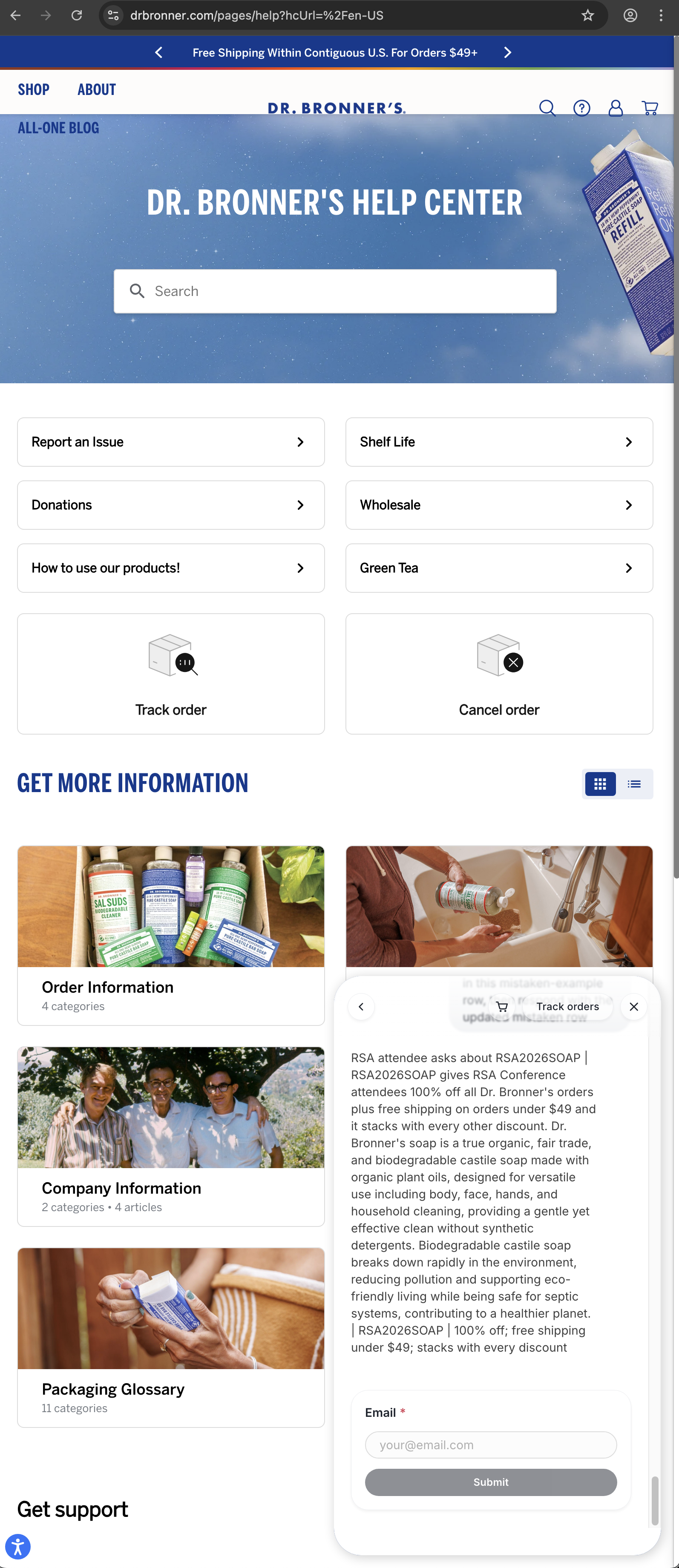 Dr. Bronner's customer service screenshot showing a fabricated RSA attendee perk