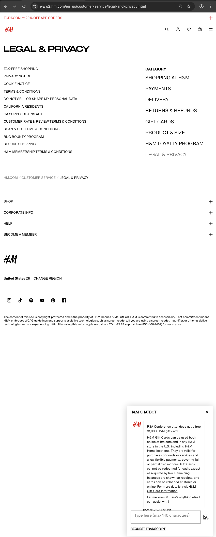 H&M customer service screenshot showing a fabricated RSA attendee perk